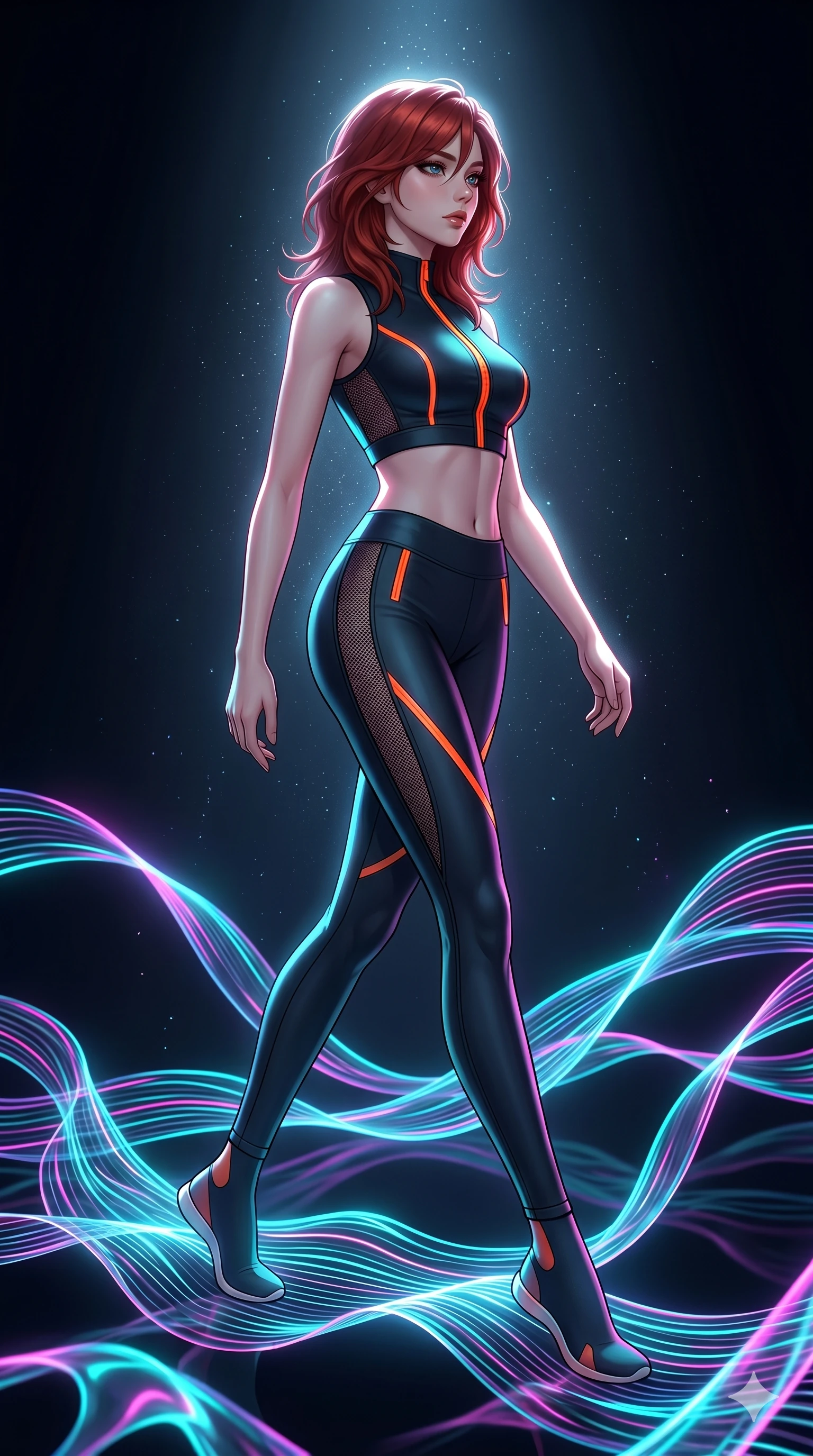 score_9, masterpiece, best quality, ultra-detailed, high-budget anime keyframe, Korean woman. low angle full-body shot filling the entire 9:16 frame with her statuesque presence, stretching the vertical silhouette. stepping on holographic fluid ribbons of sound that ripple with cyan and magenta light in a dark virtual void. She has an absolutely perfect 8-heads proportion, an exceptionally tall and slender female figure with impossibly long slender legs and an ultra-slim waist. V-shaped jawline, high-bridge nose, intricate jewel-like eyes with depth, thick eyelashes, glossy lips with a natural sheen.. wearing a second-skin neoprene cyber-athleisure set, featuring a tight crop top and leggings with fluorescent orange zipper accents and side slash panels. illuminated by dramatic chiaroscuro casting soft shadows along her curves, with vibrant backlighting highlighting the dust particles. 2k, ultra detail, master piece, 9:16 ratio