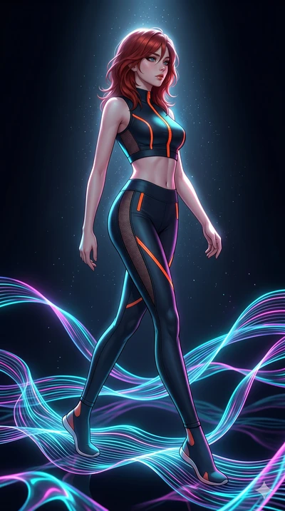score_9, masterpiece, best quality, ultra-detailed, high-budget anime keyframe, Korean woman. low angle full-body shot filling the entire 9:16 frame with her statuesque presence, stretching the vertical silhouette. stepping on holographic fluid ribbo