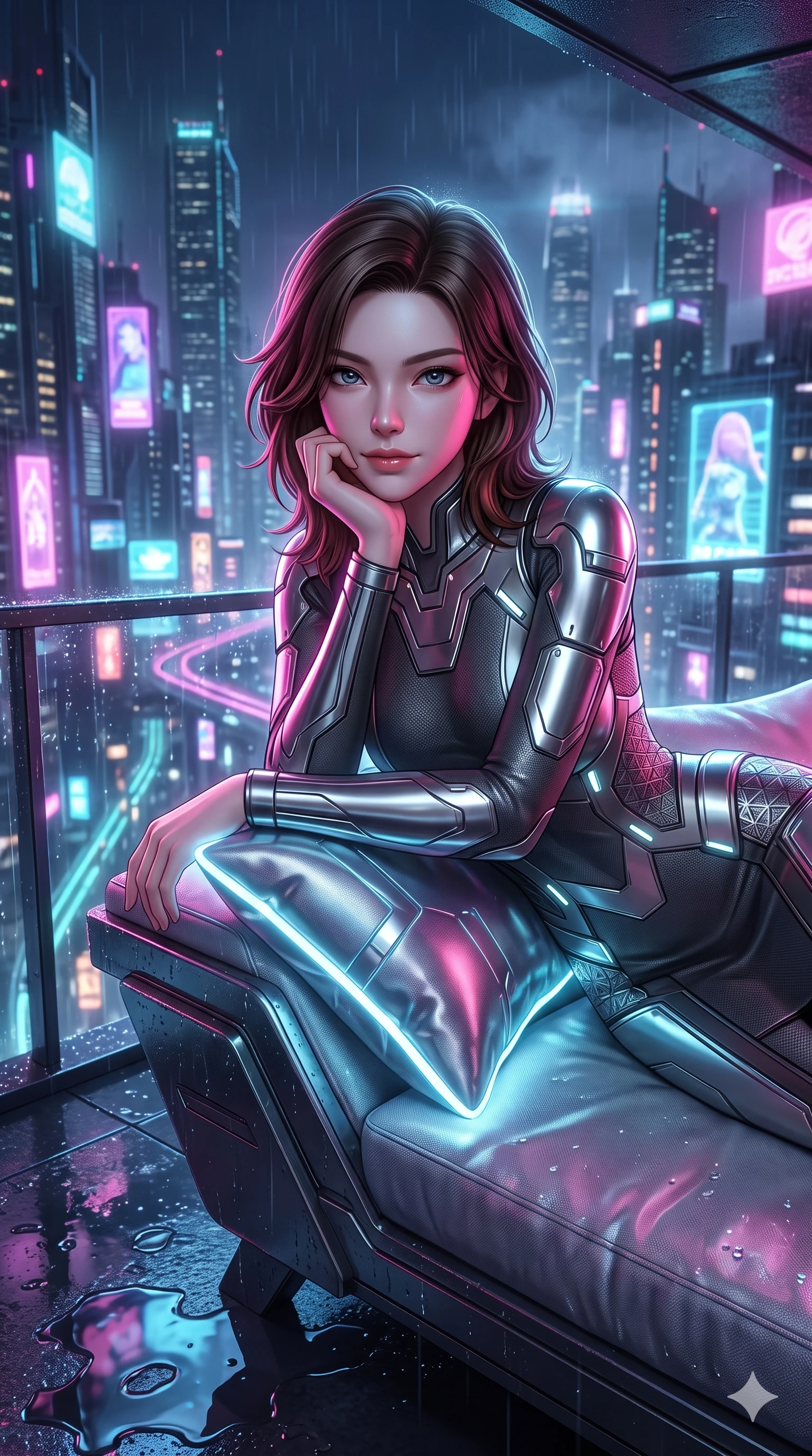 score_9, masterpiece, best quality, ultra-detailed, high-budget anime keyframe, semi-realistic 3D game render, editorial fashion photography, tasteful artistic composition, Korean woman. close-up cowboy shot from the waist and thighs up, the character dominates the composition, filling the frame with her large presence. resting one elbow on the diagnostic terminal and supporting her chin, leaning close to the camera with parted glossy lips and sparkling eyes while lounging comfortably in an exterior plush daybed propped on one elbow with legs crossed, radiating effortless siren charm amidst the neon night. The surrounding environment is rendered in vivid detail and crisp panoramic clarity: intricate cyber-samurai armor accents, form-fitting latex weave, and rain-slicked high-tech balcony architecture in razor-sharp precision. She has an exceptionally elegant, slender, and willowy female figure with an ultra-slim waist, flat toned midriff, narrow ribcage, and sculpted feminine hips creating an alluring, slim hourglass silhouette without bulk. sharp v-shaped jawline, high-bridge nose, intricate jewel-like sparkling eyes with depth, thick eyelashes, glossy parted lips with a natural sheen, bright confident smile with an enchanting and coquettish sensual glint, exuding both youthful magnetic charm and sovereign high-tech allure, flawlessly proportioned anatomical accuracy, strict slender model proportions, natural body alignment, perfectly sculpted long slender limbs, ultra-slim waistline, clean dynamic posture without body distortion. wearing a glove-like stretch lambskin cyber-sheath dress accentuating her ultra-slim waistline without bulk in charcoal grey and polished chrome, tailored from ultra-reflective glossy liquid vinyl with mirror-like specular highlights, finished with high-tension magnetic quick-release clasps glinting along her collarbones, the liquid-tight tailored fabric clinging flawlessly to her narrow waist and rounded feminine hips, emphasizing every millimeter of her sculpted slim hourglass curves without any bulky heaviness. illuminated by terrace floor puddle reflections and sharp magenta-cyan rim lights sculpting her razor-sharp jawline, narrow waist, and curvy hips. highly saturated vibrant anime colors, detailed shading with soft gradients, rich glossy textures, high-contrast stereoscopic depth, volumetric dynamic lighting, master piece, 9:16 ratio