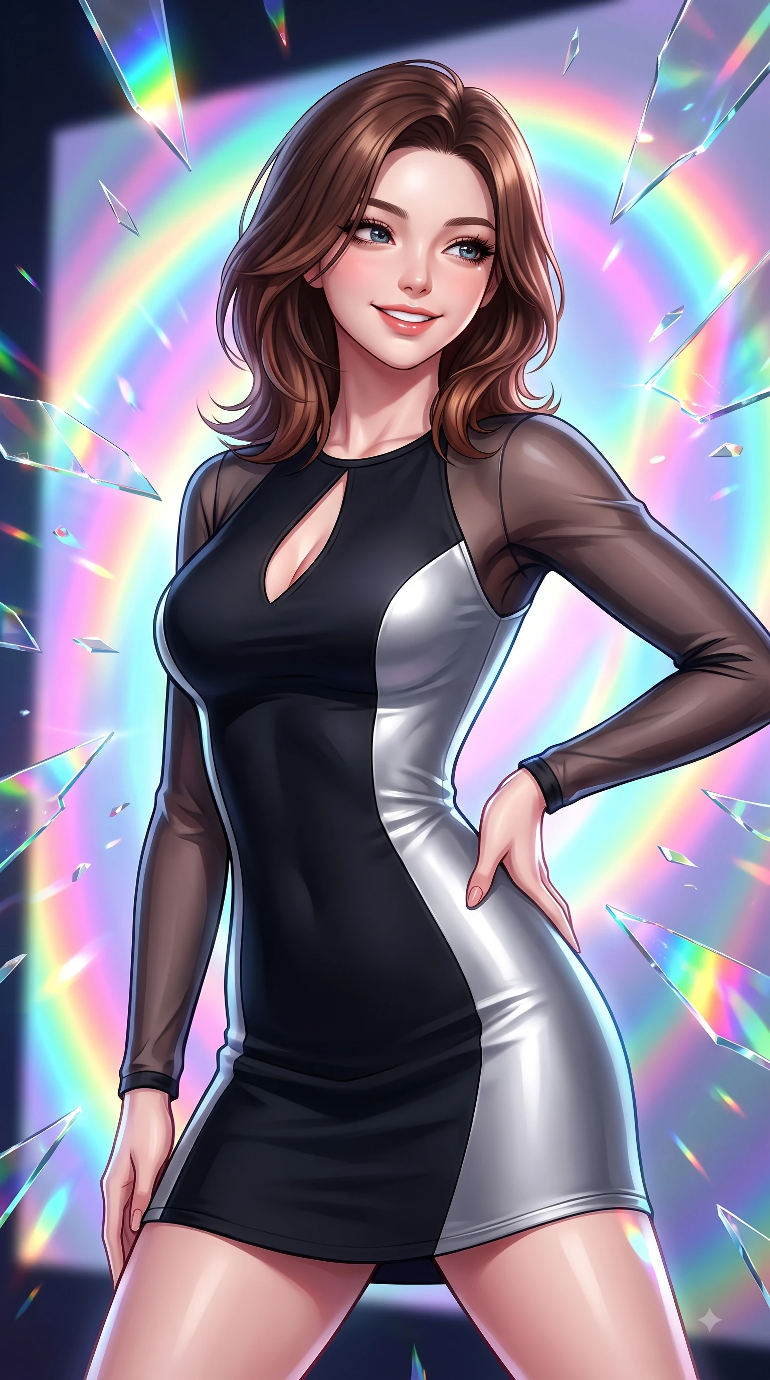 score_9, masterpiece, best quality, ultra-detailed, high-budget anime keyframe, editorial fashion photography, tasteful artistic composition, Korean woman. close-up cowboy shot from the waist and thighs up, the character dominates the composition, filling the frame with her large presence, background elements kept in soft focus. Warm delightful smile while casting a playful, joyful side-gaze with heavy lashes and a glowing expression while poised in a playful stance before a giant holographic canvas emitting luminous color arcs, shattered mirror shards scattering brilliant rainbow reflections and happy energy everywhere. She has an exceptionally elegant, slender, and willowy female figure with an ultra-slim waist, a gracefully sculpted slender torso, and a refined silhouette. sharp v-shaped jawline, high-bridge nose, intricate jewel-like eyes with depth, thick eyelashes, glossy lips with a natural sheen, flawlessly proportioned anatomical accuracy, natural body alignment, perfectly sculpted elegant limbs, clean dynamic posture without body distortion. wearing a sleek bodycon knit dress with strategic sheer organza sleeve panels in matte black and polished silver, formed from sleek second-skin neoprene, accented with a Tasteful chest slit framing her clavicle gracefully, the tailored fabric tightly following every curve of her athletic build. bathed in high-contrast vibrant studio lighting with sharp cheerful specular highlights. highly saturated vibrant anime colors, detailed shading with soft gradients, rich glossy textures, high-contrast stereoscopic depth, volumetric dynamic lighting, master piece, 9:16 ratio