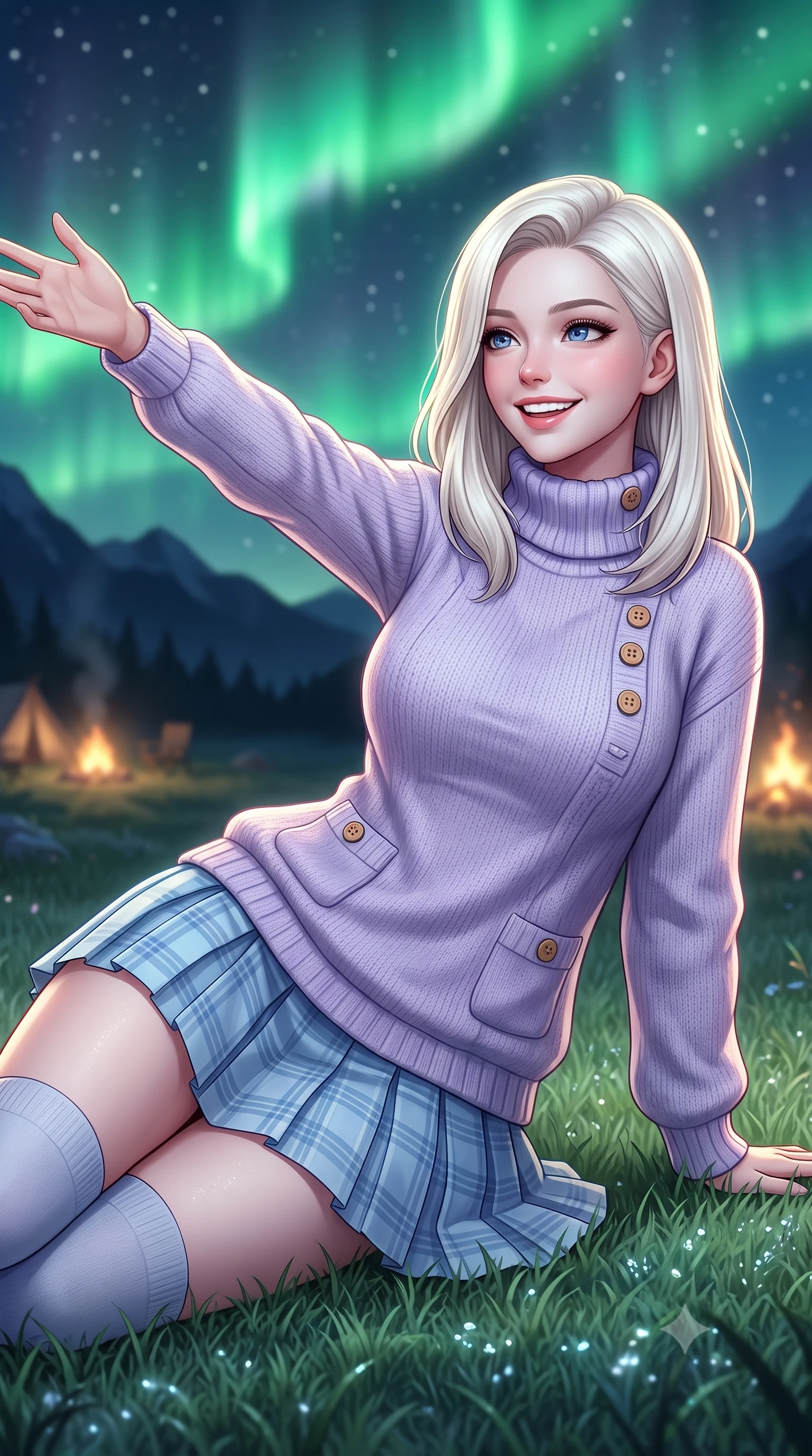 score_9, masterpiece, best quality, ultra-detailed, high-budget anime keyframe, semi-realistic 3D game render, editorial fashion photography, tasteful artistic composition, Caucasian woman. close-up cowboy shot from the waist and thighs up, the character dominates the composition, filling the frame with her large presence. extending one arm gracefully toward the scenery while turning back with an infectious, heartwarming smile while lying on the soft grass looking up at dancing emerald aurora borealis waves with a dreamy, affectionate smile. The composition keeps background elements in soft focus with creamy bokeh. dark mountain silhouettes and distant campsite campfires softened in smooth nocturnal depth of field. She has an exceptionally elegant, slender, and willowy female figure with an ultra-slim waist, a gracefully sculpted slender torso, toned flat midriff, and a refined slim silhouette. sharp v-shaped jawline, high-bridge nose, intricate jewel-like eyes with depth, thick eyelashes, glossy lips with a natural sheen, pure and lovely fresh girlhood expression, flawlessly proportioned anatomical accuracy, strict slender model proportions, natural body alignment, perfectly sculpted long slender limbs, ultra-slim waistline, clean dynamic posture without body distortion. wearing a cozy oversized turtleneck knit jumper paired with a pleated plaid wool skirt and knee-high socks in soft pastel lavender and delicate sky blue, made of fine lightweight chiffon with a soft fluid drape, finished with neat natural wooden buttons and patch pocket details, the body-hugging lightweight knit clinging delicately to her slender torso, accentuating her graceful neck and feminine lines. surrounded by a magical, romantic, and breathtakingly wondrous starlit maiden aura. highly saturated vibrant anime colors, detailed shading with soft gradients, rich glossy textures, high-contrast stereoscopic depth, volumetric dynamic lighting, master piece, 9:16 ratio