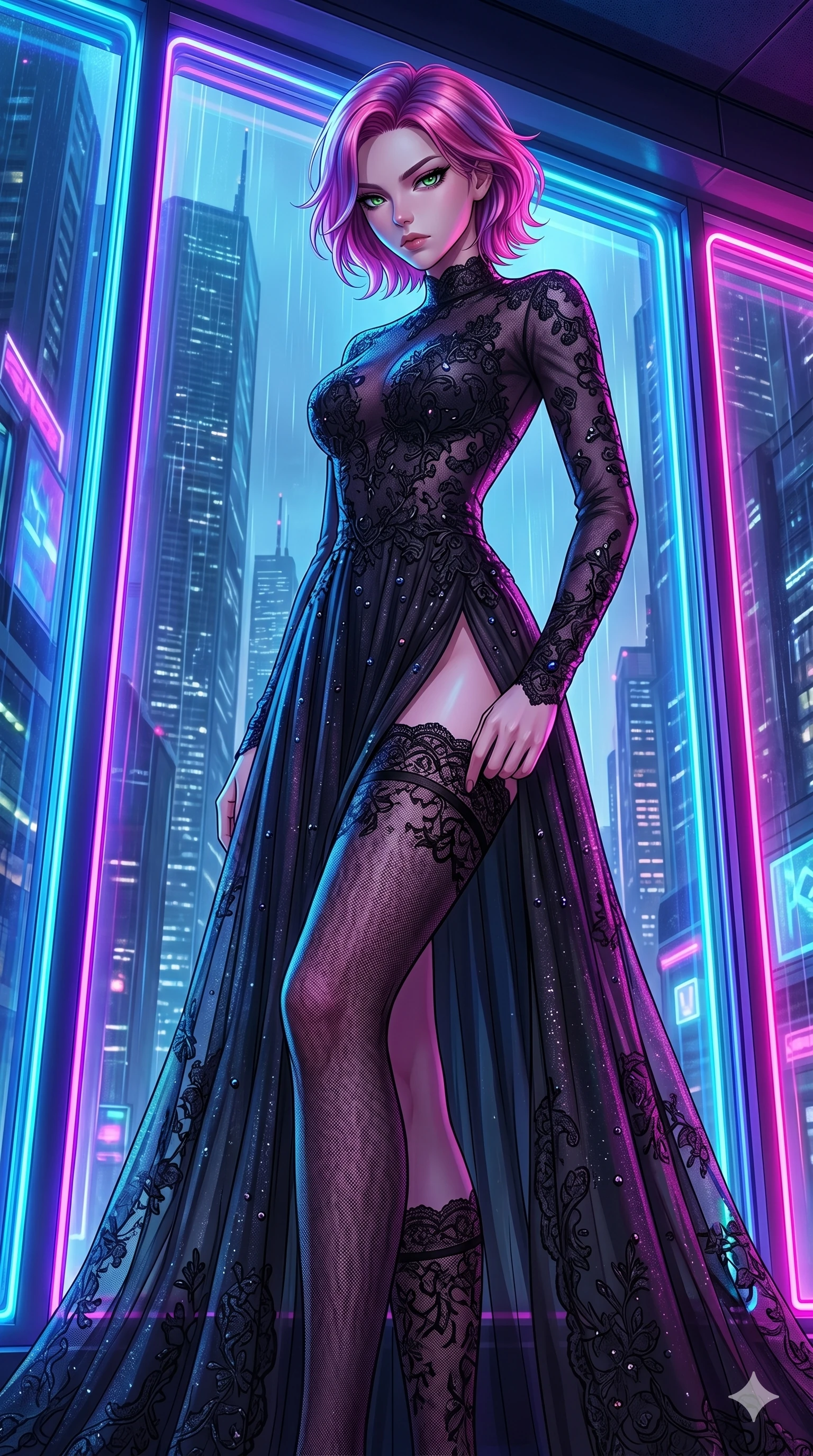score_9, masterpiece, best quality, ultra-detailed, High-budget Anime Keyframe, East Asian woman. Low angle cowboy shot filling the entire 9:16 frame with her statuesque presence. Scenario 7: Adjusting her thigh-high stocking by a glowing neon window. Her presence is magnetic and overpowering in this high-budget anime scene. Outfit 7: A shimmering chiffon long with a thigh-high slit and delicate lace embroidery. The clothing is designed to emphasize her exceptionally tall and slender 8-heads proportion. 8-heads proportion, towering silhouette, ultra-slim waist. sharp v-shaped jawline, intricate jewel-like eyes with depth, thick eyelashes, glossy lips. 2k, ultra detail, master piece, 9:16 ratio
