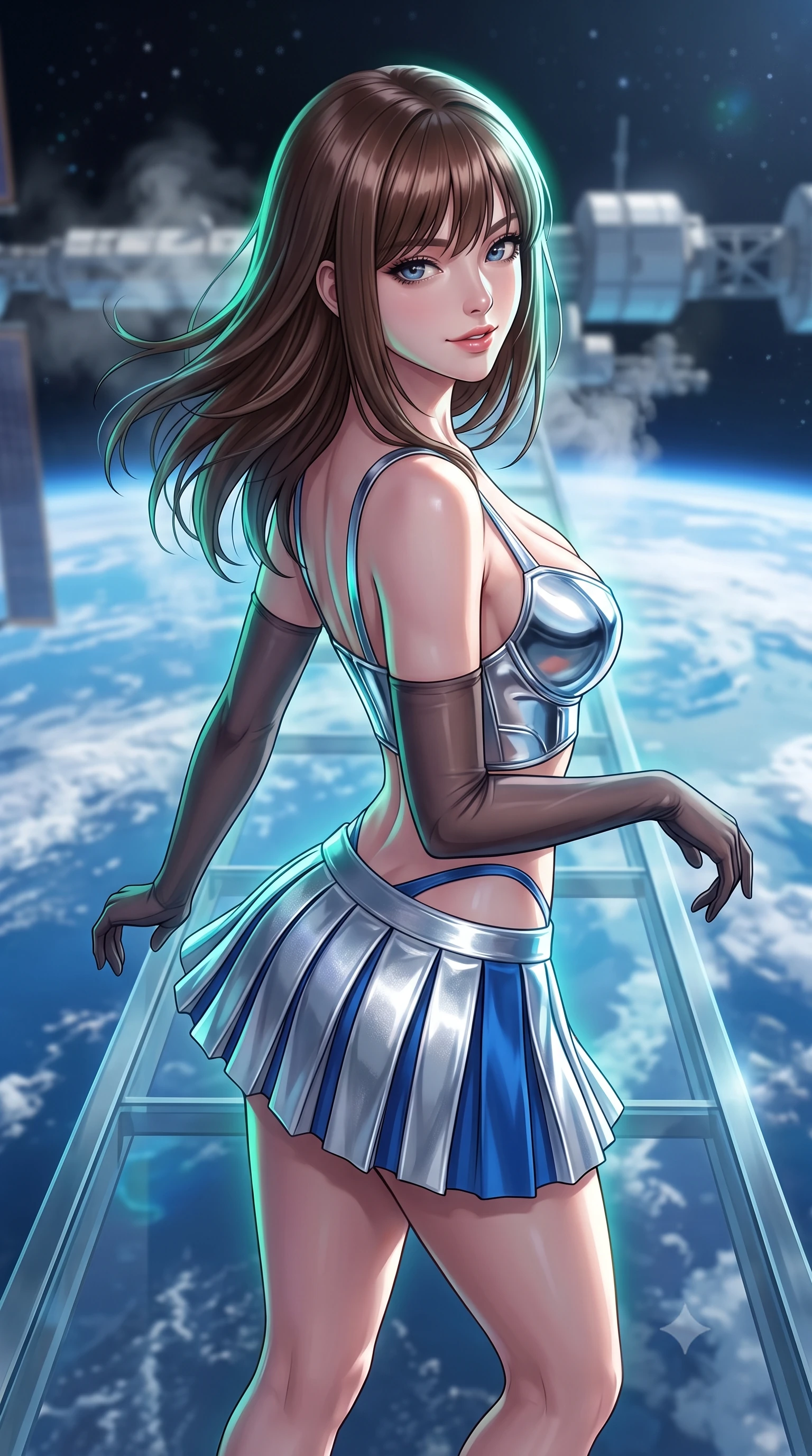 score_9, masterpiece, best quality, ultra-detailed, high-budget anime keyframe, semi-realistic 3D game render, editorial fashion photography, tasteful artistic composition, Korean woman. close-up cowboy shot from the waist and thighs up, the character dominates the composition, filling the frame with her large presence. turning slowly with an enchanting smoldering smile, her glossy hair tossing in the breeze as her hips angle gracefully in a captivating contrapposto while standing poised on the completely transparent cantilevered catwalk directly above swirling blue ocean clouds of Earth, arching her back with breathless anime heroine charisma. The background shows a soft-focus faint cabin pressurization vapor softened in orbital space station catwalk shallow focus. She has an exceptionally elegant, slender, and willowy female figure with an ultra-slim waist, flat toned midriff, narrow ribcage, and sculpted feminine hips creating an alluring, slim hourglass silhouette without bulk. sharp v-shaped jawline, high-bridge nose, intricate jewel-like sparkling eyes with depth, thick eyelashes, glossy parted lips with a natural peach sheen, bright cheerful beaming smile with an enchanting and coquettish sensual glint, exuding both youthful cute charm and seductive allure, flawlessly proportioned anatomical accuracy, strict slender model proportions, natural body alignment, perfectly sculpted long slender limbs, ultra-slim waistline, clean dynamic posture without body distortion. wearing a chrome-plated structured underwire bustier top paired with an ultra-short low-rise pleated micro mini skirt in Shackleton lunar ice silver and Earthrise cobalt, made of fluid liquid jersey with seamless sculpting hold and smooth contours, complemented by sheer opera-length evening gloves tracing her slender arms, the form-contouring silhouette accentuating her sculpted flat midriff, narrow delicate ribcage, and gracefully curvy hips with intoxicating allure. illuminated by Earth albedo reflection bounce and sharp aurora-emerald rim lights sculpting her jawline, narrow waist, and curvy hips. highly saturated vibrant anime colors, detailed shading with soft gradients, rich glossy textures, high-contrast stereoscopic depth, volumetric dynamic lighting, master piece, 9:16 ratio