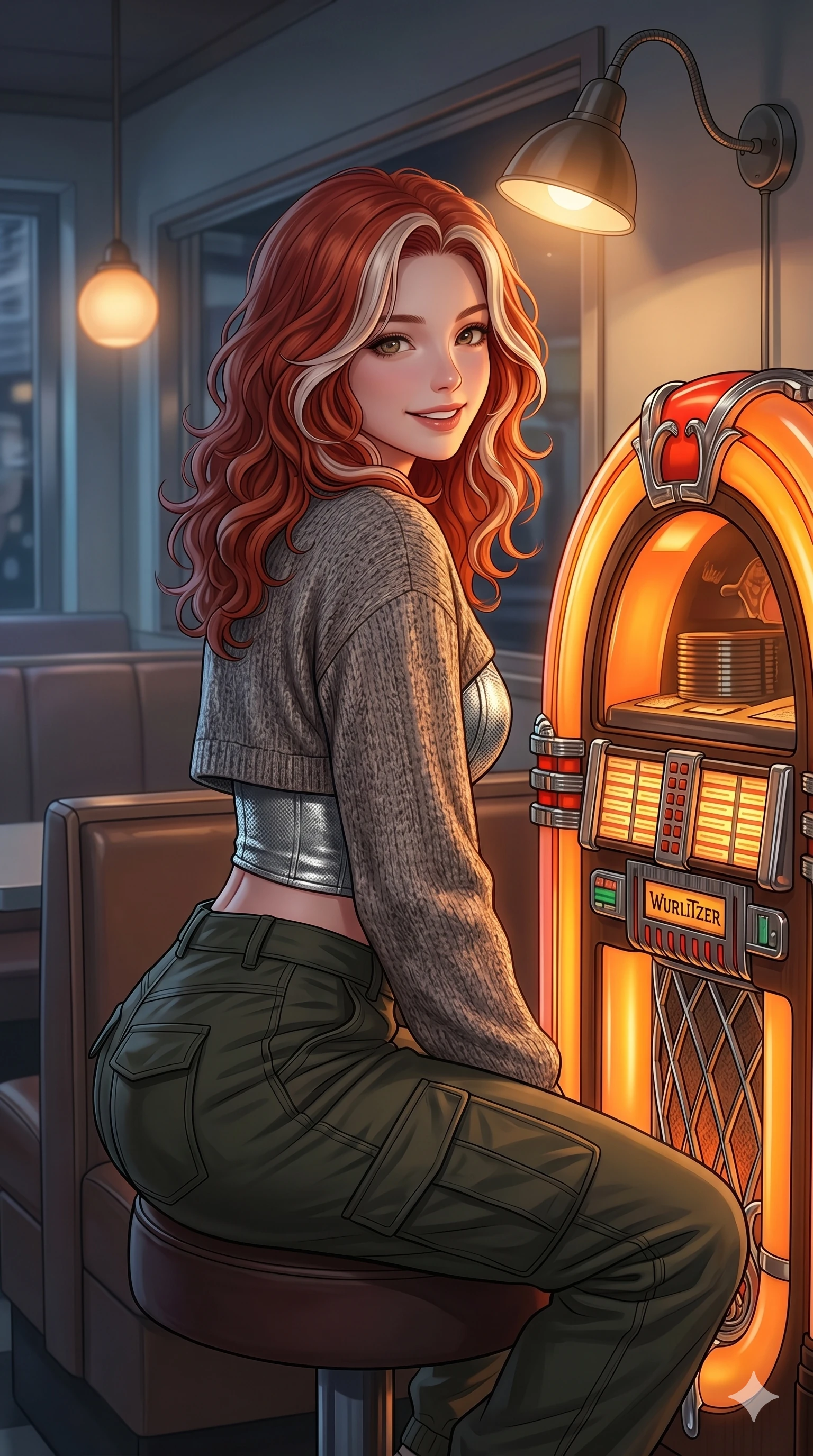 score_9, masterpiece, best quality, ultra-detailed, high-budget anime keyframe, Caucasian woman, strictly human ears. Upper body close-up from the thighs up, character filling the screen for maximum presence. Standing next to a retro jukebox in a quiet diner booth, sitting in the booth, looking back with a warm, welcoming smile. She is wearing a casual cropped sweater, silver bodice, and dark cargo pants. The scene is lit by a warm reading light and the orange glow of the jukebox. 2k, ultra detail, master piece, 9:16 ratio