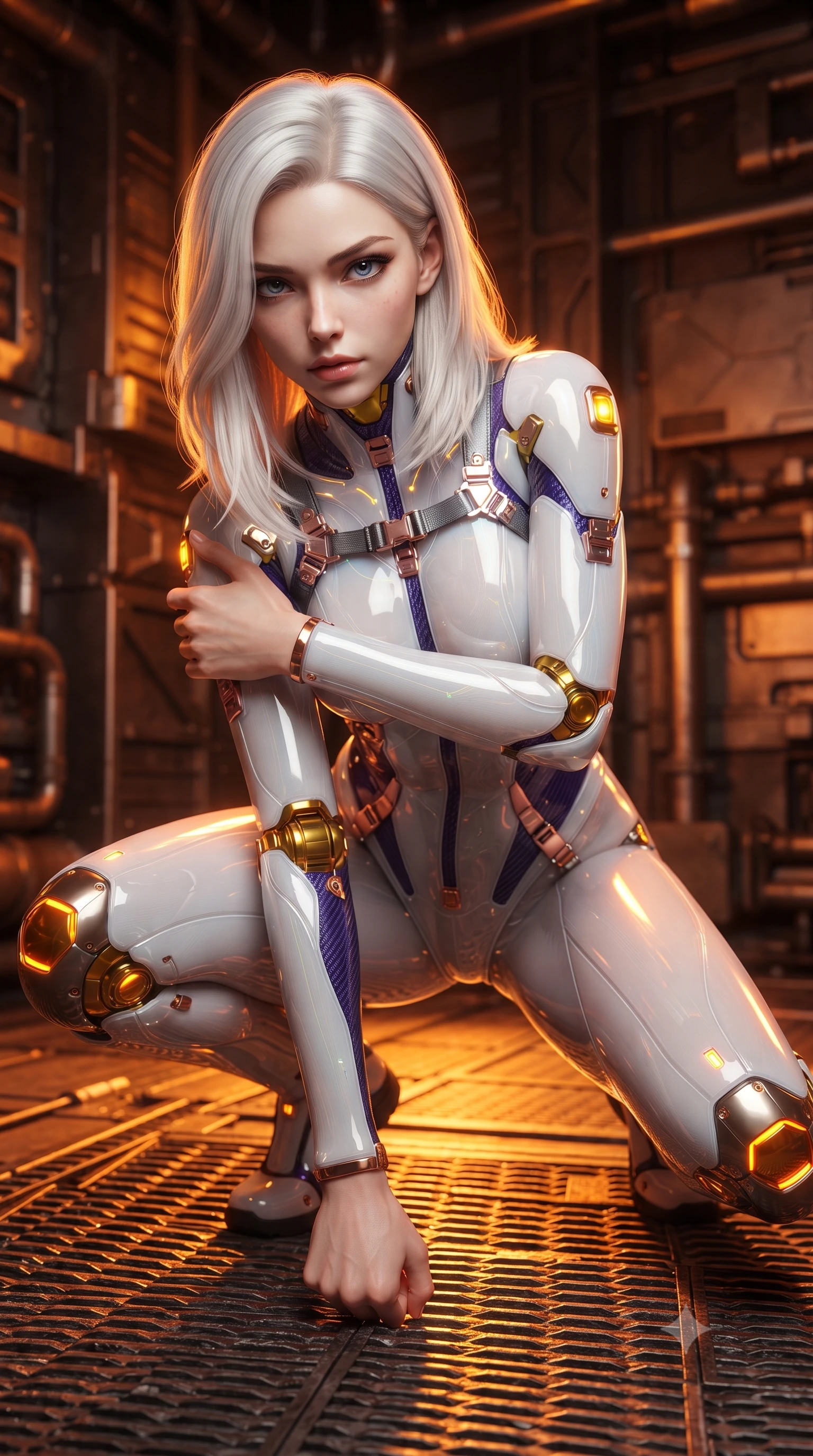 score_9, masterpiece, best quality, ultra-detailed, high-budget anime keyframe, editorial fashion photography, tasteful artistic composition, Caucasian woman. close-up cowboy shot from the waist and thighs up, the character dominates the composition, filling the frame with her large presence. shifting into a low cat-stance with arms crossed defensively, glowing energy conduits tracing her ultra-slim waist and sculpted clavicle while landing in a low crouched stance with one fist planted on the metal grating, looking up with a dangerous, alluring smolder. The surrounding environment is rendered in vivid detail and crisp panoramic clarity. sharp heat-resistant carbon armor plate seams, glowing amber joint LED channels, and iron grating in deep focus. She has an exceptionally elegant, slender, and willowy female figure with an ultra-slim waist, a gracefully sculpted slender torso, toned flat midriff, and a refined slim silhouette. sharp v-shaped jawline, high-bridge nose, intricate jewel-like eyes with depth, thick eyelashes, glossy lips with a natural sheen, flawlessly proportioned anatomical accuracy, strict slender model proportions, natural body alignment, perfectly sculpted long slender limbs, ultra-slim waistline, clean dynamic posture without body distortion. wearing a form-contouring arctic white carbon-composite martial arts leotard with solar gold articulation joints and diagonal midriff vents in royal purple carbon fiber with rose-gold hardware and clasps, crafted from semi-translucent cybernetic carbon-vinyl interwoven with glowing micro-filaments, reinforced by a sleek titanium kinetic harness and glowing micro-energy straps, the sleek second-skin cut tightly hugging her graceful clavicle, narrow waist, and feminine curves with athletic precision. bathed in blazing orange magma uplights and warm amber reactor ambient radiance. ultra-reflective glossy finish, specular highlights, dark metallic sheen, high-contrast stereoscopic depth, volumetric dynamic lighting, 2k, ultra detail, master piece, 9:16 ratio
