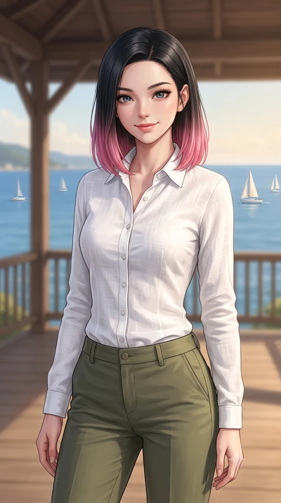 score_9, masterpiece, best quality, ultra-detailed, high-budget anime keyframe, editorial fashion photography, tasteful artistic composition, Korean woman woman. close-up cowboy shot from the waist and thighs up, the character dominates the compositi