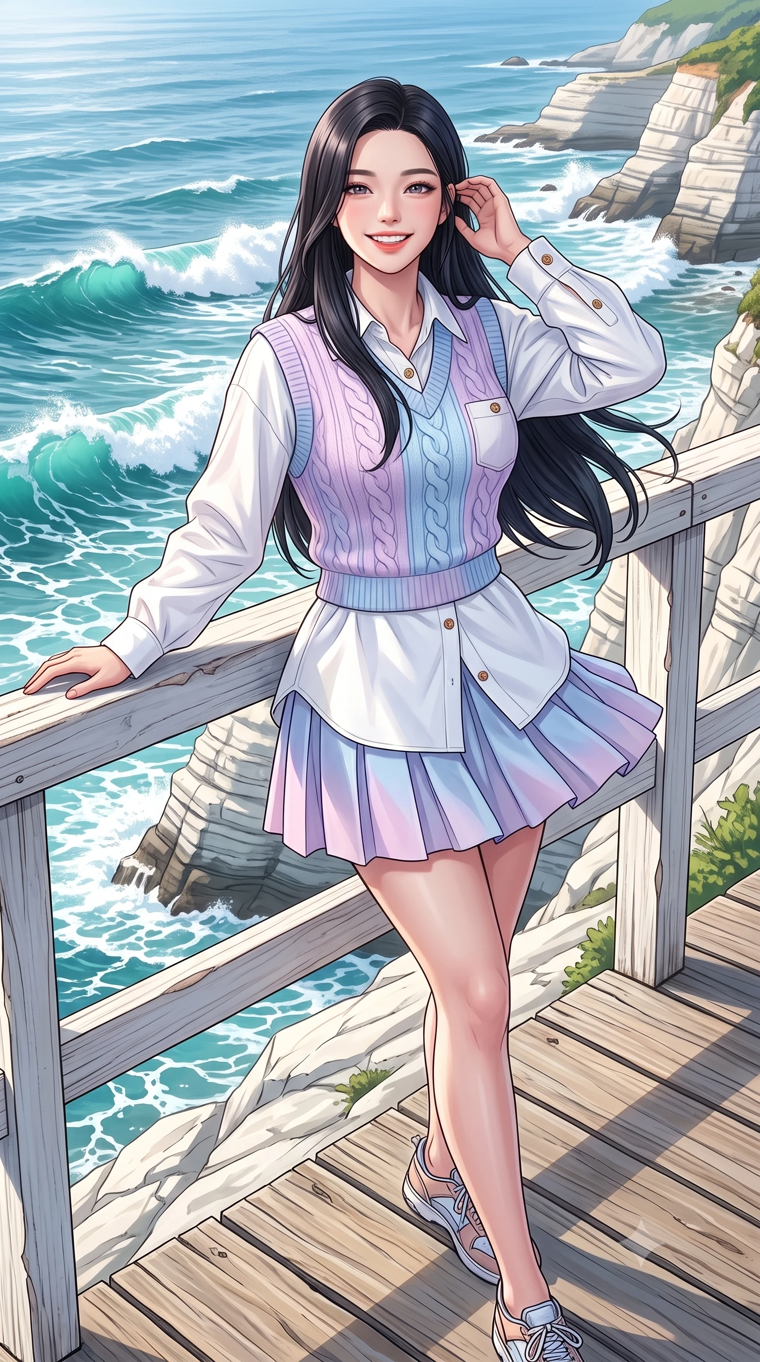 score_9, masterpiece, best quality, ultra-detailed, high-budget anime keyframe, semi-realistic 3D game render, editorial fashion photography, tasteful artistic composition, Korean woman. low angle full-body shot from head to toe showing her feet, filling the entire 9:16 vertical frame with her statuesque presence, stretching her vertical silhouette. performing a cheerful mid-motion turn with effortless poise, her skirt fluttering softly as she smiles into the camera while leaning against a rustic white wooden railing above crashing ocean waves, her smile as bright as the summer sun. The surrounding environment is rendered in vivid detail and crisp panoramic clarity. crisp turquoise seafoam crests, dramatic white cliff strata, and wooden coastal walkway planks in sharp focus. She has an absolutely perfect, statuesque 8.5-heads proportion, an exceptionally tall and slender model-like female figure with impossibly long slender legs, a toned flat midriff, and an ultra-slim waist. sharp v-shaped jawline, high-bridge nose, intricate jewel-like eyes with depth, thick eyelashes, glossy lips with a natural sheen, pure and lovely fresh girlhood expression, flawlessly proportioned anatomical accuracy, strict slender model proportions, natural body alignment, perfectly sculpted long slender limbs, ultra-slim waistline, clean dynamic posture without body distortion. wearing a cozy cable-knit sweater vest layered over an oversized crisp white shirt and a pleated tennis skirt in soft pastel lavender and delicate sky blue, crafted from smooth fluid silk satin with a natural gentle sheen, finished with neat natural wooden buttons and patch pocket details, the body-hugging lightweight knit clinging delicately to her slender torso, accentuating her graceful neck and feminine lines. surrounded by a refreshing, breezy, and irresistibly vibrant coastal sweetheart aura. highly saturated vibrant anime colors, detailed shading with soft gradients, rich glossy textures, high-contrast stereoscopic depth, volumetric dynamic lighting, master piece, 9:16 ratio