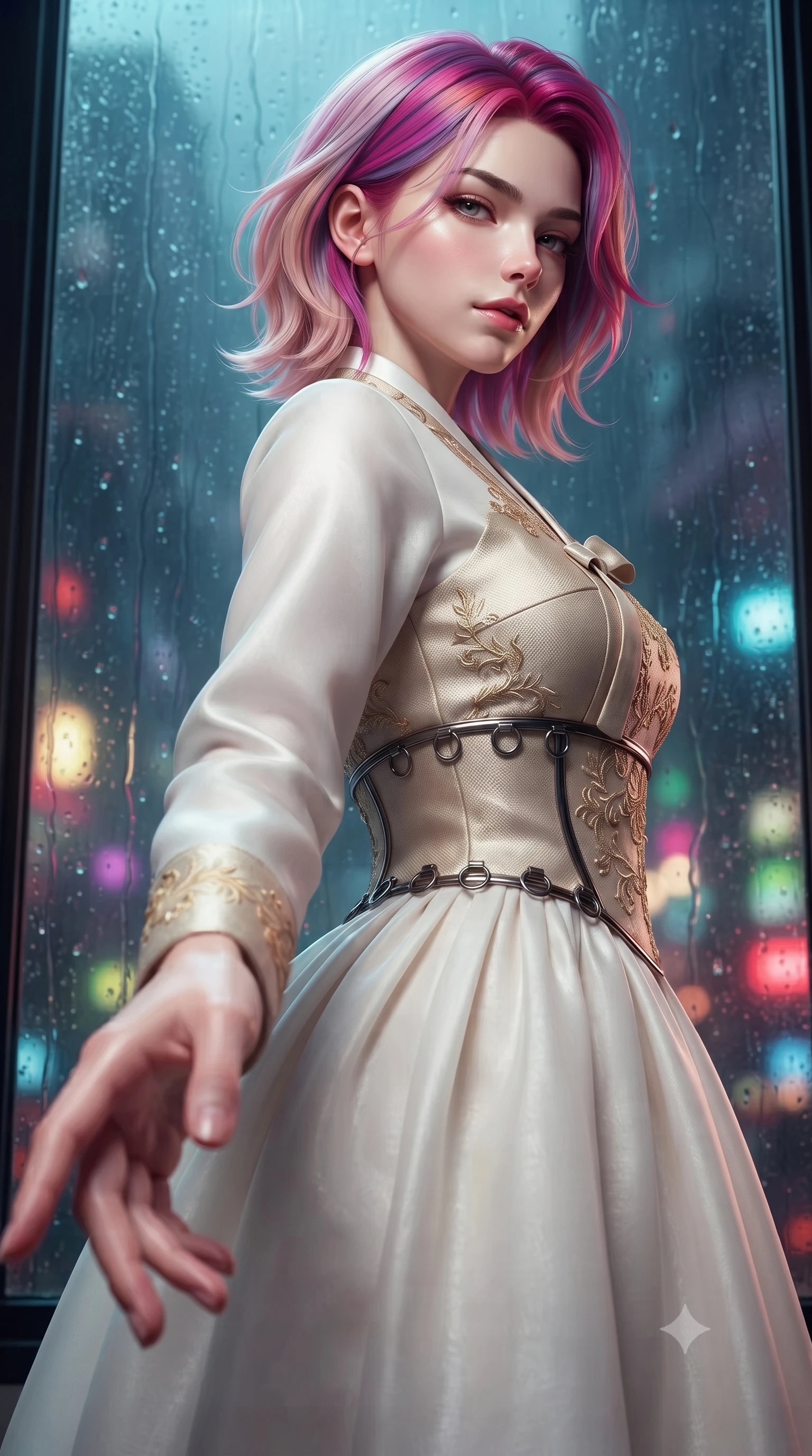 score_9, masterpiece, best quality, ultra-detailed, high-budget anime keyframe, editorial fashion photography, tasteful artistic composition, Caucasian woman. close-up cowboy shot from the waist and thighs up, the character dominates the composition, filling the frame with her large presence, background elements kept in soft focus. Reaching one hand toward the viewer with relaxed sensual elegance, glancing sidelong over her shoulder with an enigmatic, smoldering expression, rain streaks on glass windows distorting distant city skyline lights into bokeh. She has an exceptionally elegant, slender, and willowy female figure with an ultra-slim waist, a gracefully sculpted slender torso, and a refined silhouette. sharp v-shaped jawline, high-bridge nose, intricate jewel-like eyes with depth, thick eyelashes, glossy lips with a natural sheen. wearing modern fusion white hanbok dress with structured gold-embroidered bodice in champagne gold, made of matte carbon-fiber weave, trimmed with dark chrome ring hardware along the waist contours, contouring every curve with an exceptionally elegant silhouette. lit by piercing key rays emerging from deep futuristic shadows. highly saturated vibrant anime colors, detailed shading with soft gradients, rich glossy textures, high-contrast stereoscopic depth, volumetric dynamic lighting, master piece, 9:16 ratio