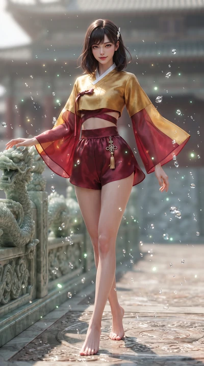 score_9, masterpiece, best quality, ultra-detailed, high-budget anime keyframe, editorial fashion photography, tasteful artistic composition, Korean woman. low angle full-body shot from head to toe showing her feet, filling the entire 9:16 vertical f