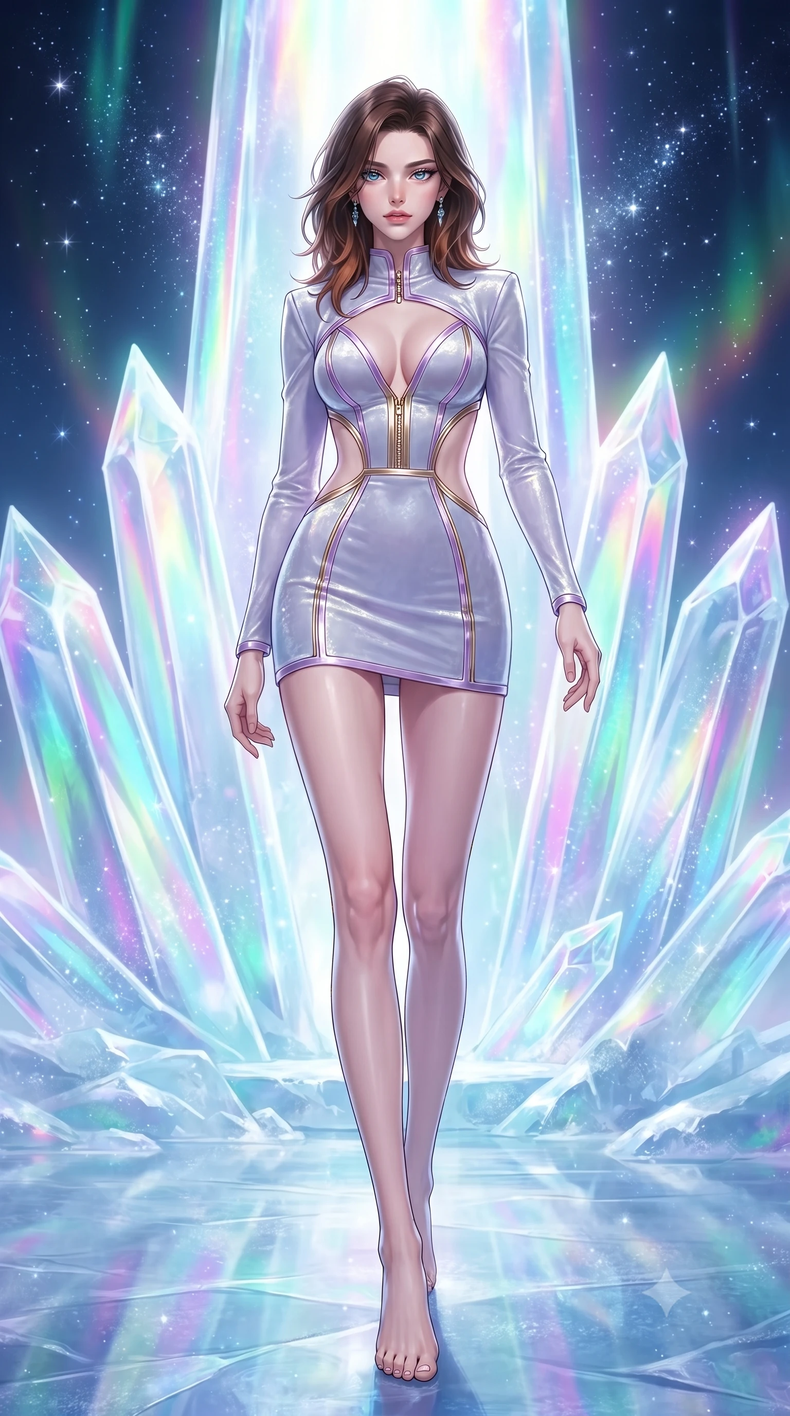 score_9, masterpiece, best quality, ultra-detailed, high-budget anime keyframe, editorial fashion photography, tasteful artistic composition, Korean woman. low angle full-body shot from head to toe showing her feet, filling the entire 9:16 vertical frame with her statuesque presence, stretching her vertical silhouette. stepping gracefully through the radiant environment, stretching her statuesque silhouette, poised before a frozen aurora crystal altar glowing with intense iridescent light, fine diamond dust frost glittering like stars in the cool ambient air. She has an absolutely perfect, statuesque 8.5-heads proportion, an exceptionally tall and slender model-like female figure with impossibly long slender legs and an ultra-slim waist. sharp v-shaped jawline, high-bridge nose, intricate jewel-like eyes with depth, thick eyelashes, glossy lips with a natural sheen. wearing dramatic open-waist cutout mini dress in opal velvet framed by chrome hardware in pastel lavender violet, made of liquid mercury jersey, finished with metallic gold boning and sleek zipper points, following her slender form with tailored precision. lit by intense aurora key light cutting through clear translucent ice. highly saturated vibrant anime colors, detailed shading with soft gradients, rich glossy textures, high-contrast stereoscopic depth, volumetric dynamic lighting, master piece, 9:16 ratio