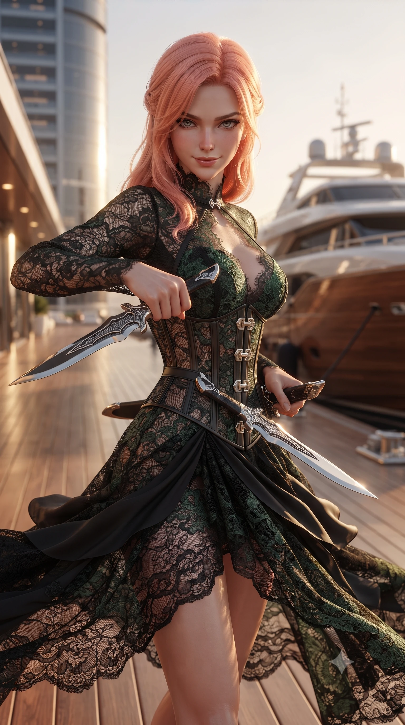 score_9, masterpiece, best quality, ultra-detailed, high-budget anime keyframe, editorial fashion photography, tasteful artistic composition, realistic cosplay photography, Japanese woman. close-up cowboy shot from the waist and thighs up, the character dominates the composition, filling the frame with her large presence, background elements kept in soft focus. Drawing a twin set of energy daggers with a quiet, menacing smile and a sharp sidelong glare. set against a soft-focus background of a polished wooden deck extending from a skyscraper, a luxury wooden-hulled flying yacht docked at the gate. She has an exceptionally elegant and slender, willowy female figure with an ultra-slim waist, a gracefully sculpted slender torso, and a refined slim physique. sharp v-shaped jawline, high-bridge nose, intricate jewel-like eyes with depth, thick eyelashes, glossy lips with a natural sheen. wearing the lightweight fabric rippling and billowing dramatically with her movement, a body-hugging deconstructed lace gown in black, detailed with forest green lace panels and a visible structured corset. golden hour sun casting long horizontal highlights and deep bronze shadows. ultra-reflective glossy finish, specular highlights, metallic sheen, high-contrast stereoscopic depth, volumetric dynamic lighting, 2k, ultra detail, master piece, 9:16 ratio
