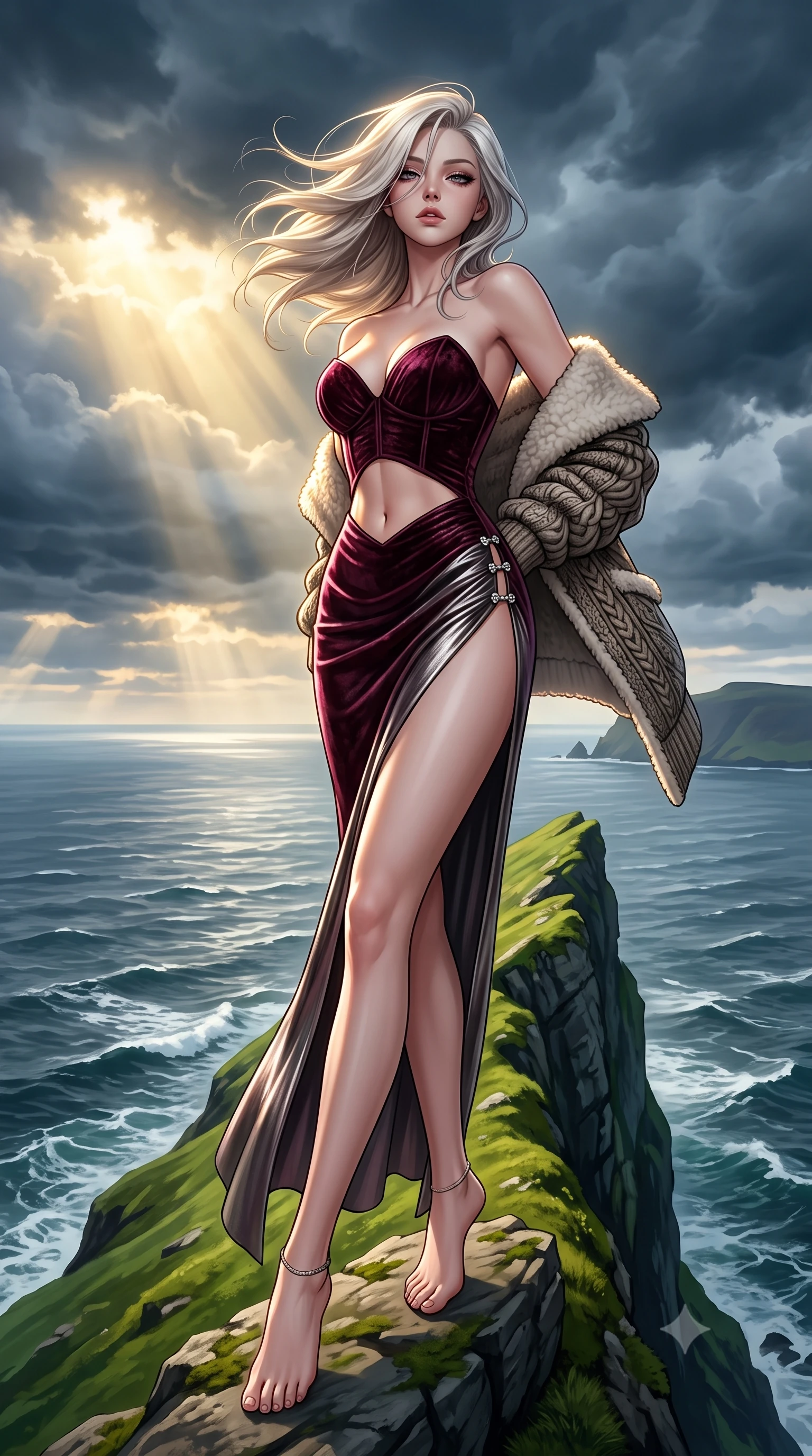 score_9, masterpiece, best quality, ultra-detailed, high-budget anime keyframe, semi-realistic 3D game render, editorial fashion photography, tasteful artistic composition, Caucasian woman. low angle full-body shot from head to toe showing her feet, filling the entire 9:16 vertical frame with her statuesque presence, stretching her vertical silhouette. sitting perched on the elevated edge with hips angled toward the camera and legs crossed, displaying her toned midriff and flawlessly sculpted slender limbs while standing on the narrow emerald ridge high above the North Atlantic, arching her back as dramatic Nordic storm clouds break into golden sunbeams. The surrounding environment is rendered in vivid detail and crisp panoramic clarity. detailed heavy knit and shearling outerwear drape, wind-blown hair strands, and North Atlantic horizon in high clarity. She has an exceptionally tall and slender model-like 8.5-heads proportion, an ultra-slim waist, a flat toned midriff, narrow delicate ribcage, and beautifully sculpted feminine hips creating a graceful, slim hourglass silhouette without any bulky heaviness, with impossibly long slender legs. sharp v-shaped jawline, high-bridge nose, intricate jewel-like eyes with depth, thick eyelashes, glossy parted lips with a natural sheen, intensely captivating and seductive bedroom-eyes expression, flawlessly proportioned anatomical accuracy, strict slender model proportions, natural body alignment, perfectly sculpted long slender limbs, ultra-slim waistline, clean dynamic posture without body distortion. wearing a deep sweetheart neckline crushed velvet corseted ballgown with an exposed midriff cutout in deep wine burgundy and brushed dark platinum, crafted from luxurious metallic lamé that shifts radiance with every step, finished with an ultra-high side slit secured by miniature jeweled clasps, the glove-like aerodynamic silhouette tightly following the natural contour of her hips and long slender legs with statuesque 8.5-heads elegance. bathed in dramatic god-ray sunlight piercing through dark Atlantic storm clouds onto the cliff ridge. highly saturated vibrant anime colors, detailed shading with soft gradients, rich glossy textures, high-contrast stereoscopic depth, volumetric dynamic lighting, master piece, 9:16 ratio