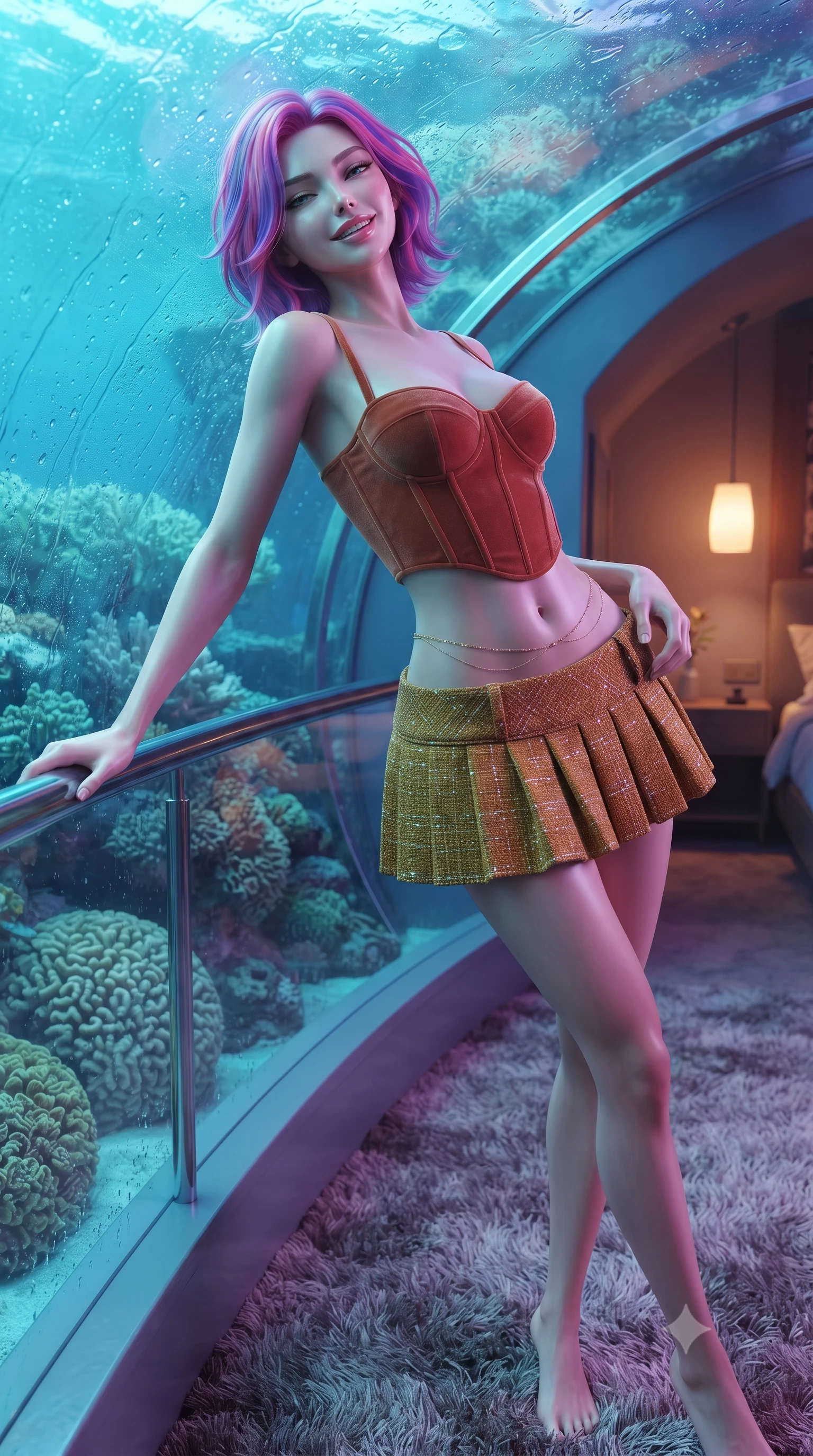 score_9, masterpiece, best quality, ultra-detailed, high-budget anime keyframe, editorial fashion photography, tasteful artistic composition, Caucasian woman. close-up cowboy shot from the waist and thighs up, the character dominates the composition, filling the frame with her large presence. leaning back against the balustrade with relaxed seductive grace, head tilted back slightly while casting a hypnotic, heavy-lidded gaze while standing poised on the plush carpet beneath the sweeping transparent acrylic curved underwater dome 16 feet beneath the sea, arching her spine with siren allure. The surrounding environment is rendered in vivid detail and crisp panoramic clarity: sharp thick curved acrylic dome transparency, living brain coral textures, and fine water condensation beads on frames in deep focus. She has an exceptionally elegant, slender, and willowy female figure with an ultra-slim waist, flat toned midriff, narrow ribcage, and sculpted feminine hips creating an alluring, slim hourglass silhouette without bulk. sharp v-shaped jawline, high-bridge nose, intricate jewel-like sparkling eyes with depth, thick eyelashes, glossy parted lips with a natural peach sheen, bright cheerful beaming smile with an enchanting and coquettish sensual glint, exuding both youthful cute charm and seductive allure, flawlessly proportioned anatomical accuracy, strict slender model proportions, natural body alignment, perfectly sculpted long slender limbs, ultra-slim waistline, clean dynamic posture without body distortion. wearing a structured Bohemian boned velvet bustier top paired with an ultra-short low-rise pleated micro mini skirt in Florentine Renaissance Medici terracotta and warm gilded ochre, woven from structured British tweed with subtle metallic flecks, accented with a dainty gold belly chain resting across her flat midriff and curving hips, the impeccably tailored cut draping gracefully along her slender figure with aristocratic poise. bathed in underwater reef cyan-and-violet LEDs shining through the glass dome combined with warm 2600K interior bedside pendant lamps. ultra-reflective glossy finish, specular highlights, rich textural contrasts, high-contrast stereoscopic depth, volumetric dynamic lighting, 2k, ultra detail, master piece, 9:16 ratio