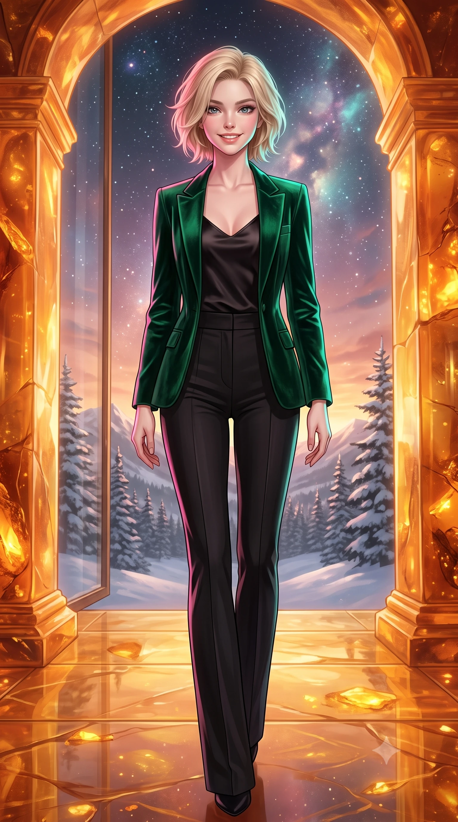 score_9, masterpiece, best quality, ultra-detailed, high-budget anime keyframe, editorial fashion photography, tasteful artistic composition, Caucasian woman, strictly human ears. low angle full-body shot from head to toe showing her feet, filling the entire 9:16 vertical frame with her statuesque presence, stretching her vertical silhouette. threading her way with a cheerful, optimistic expression through standing inside a grand corridor of a palace made entirely of warm fossilized amber in a snowy pine mountain valley, glowing from within during a winter sunset. She has a statuesque 8.5-heads proportion, an exceptionally tall, slender and willowy model-like build with impossibly long legs and a highly sculpted ultra-slim waist. sharp v-shaped jawline, high-bridge nose, intricate jewel-like eyes with depth, thick eyelashes, glossy lips with a natural sheen. wearing a rich emerald green velvet blazer over a black satin camisole, paired with high-waisted black trousers. starlight and nebula glow casting soft cosmic pink and cyan highlights on her form. 2k, ultra detail, master piece, 9:16 ratio