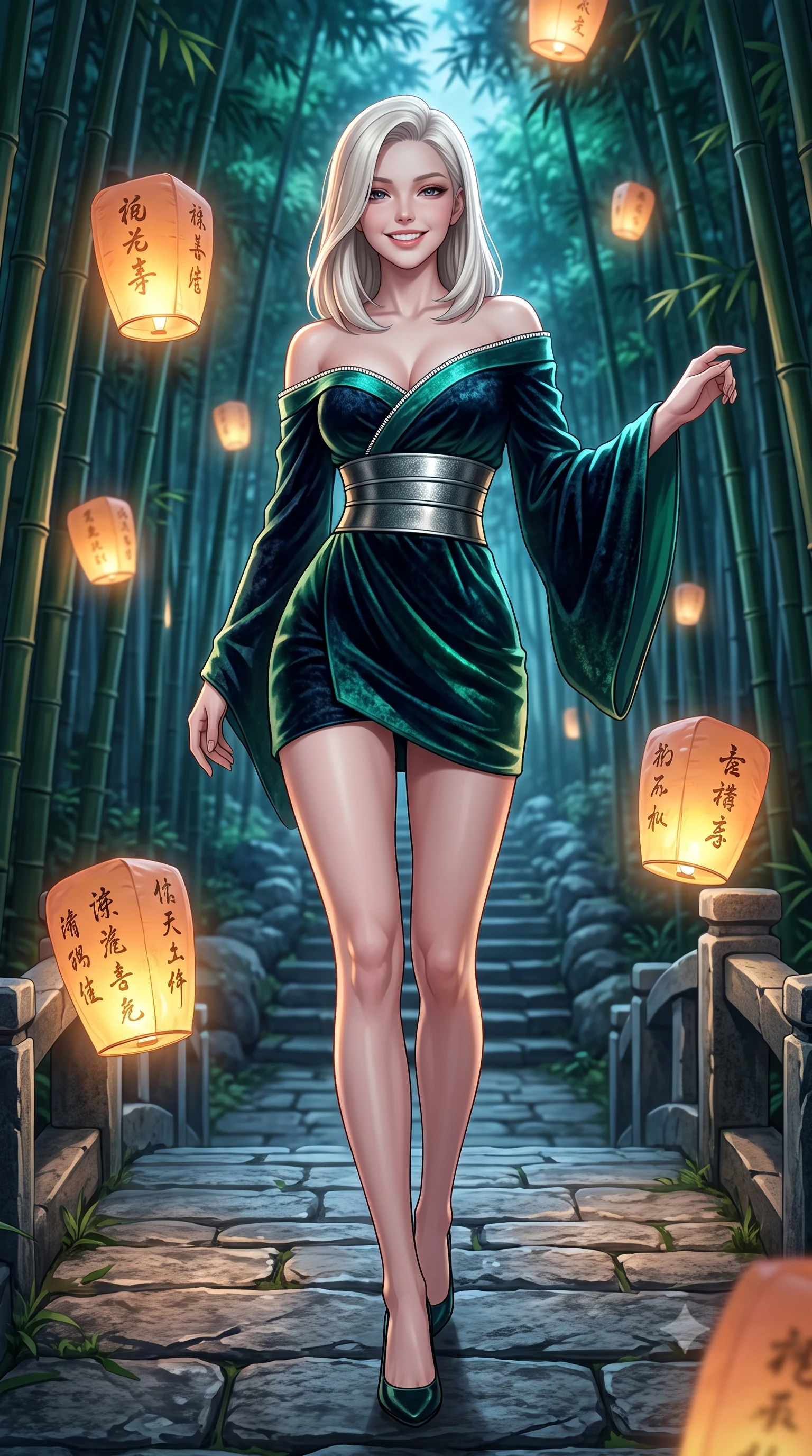 score_9, masterpiece, best quality, ultra-detailed, high-budget anime keyframe, semi-realistic 3D game render, editorial fashion photography, tasteful artistic composition, Caucasian woman. low angle full-body shot from head to toe showing her feet, filling the entire 9:16 vertical frame with her statuesque presence, stretching her vertical silhouette. stepping forward gracefully across the stone bridge in mid-motion with a radiant beaming smile, hips swaying in an alluring kinetic rhythm that accentuates her curvy hourglass silhouette and long slender legs while twisting her slender torso in an alluring S-curve, floating holographic paper lanterns casting warm amber glow across her narrow waist and hips. The surrounding environment is rendered in vivid detail and crisp panoramic clarity: sharp bamboo stalk ring ridges, natural stone pathway texture, and paper lantern calligraphy clarity in deep focus. She has an absolutely perfect, statuesque 8.5-heads proportion, an exceptionally tall and slender model-like female figure with impossibly long slender legs, an ultra-slim waist, a flat toned midriff, narrow delicate ribcage, and beautifully sculpted feminine hips creating a graceful, slim hourglass silhouette without any bulky heaviness. sharp v-shaped jawline, high-bridge nose, intricate jewel-like dark sparkling almond eyes with depth, thick lashes, glossy parted lips with a natural rose-plum sheen, bright alluring and coquettish smile with bedroom-eyes, exuding both timeless oriental elegance and sovereign high-fashion allure, flawlessly proportioned anatomical accuracy, strict slender model proportions, natural body alignment, perfectly sculpted long slender limbs, ultra-slim waistline, clean dynamic posture without body distortion. wearing an asymmetric off-shoulder cyber-kimono mini dress with a wide metallic obi corset belt accentuating her narrow waist in deep midnight obsidian and luminous imperial jade green, crafted from sumptuous crushed winter velvet with deep light-absorbing plushness, finished with subtle crystal rhinestones tracing the elegant neckline, the high-waisted wrap tailoring accentuating her ultra-slim waistline and the enchanting curve of her feminine hips with alluring oriental charm. bathed in soft floating amber lantern light and cool moonlit emerald forest canopy fill. highly saturated vibrant anime colors, detailed shading with soft gradients, rich glossy textures, high-contrast stereoscopic depth, volumetric dynamic lighting, master piece, 9:16 ratio