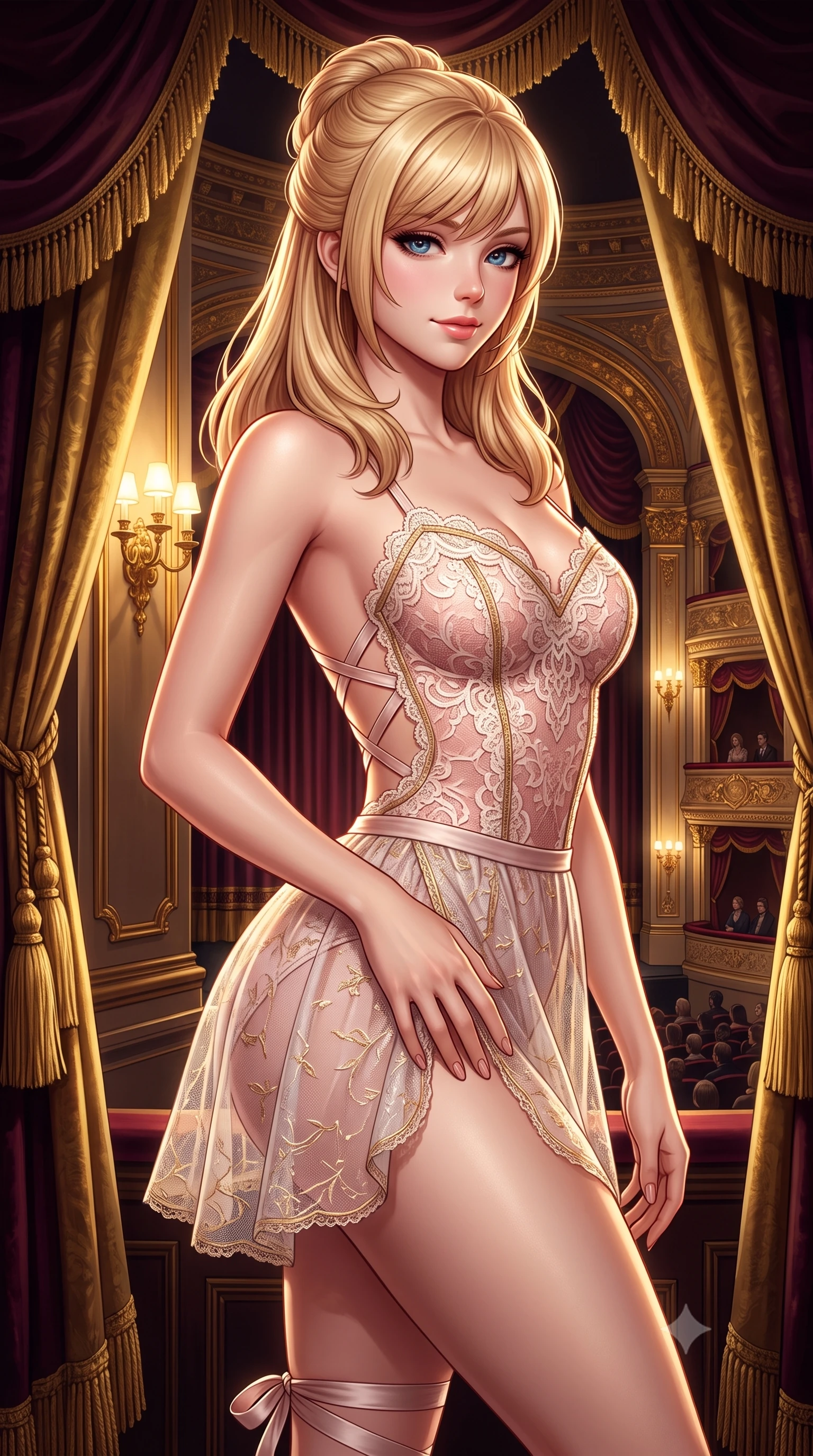 score_9, masterpiece, best quality, ultra-detailed, high-budget anime keyframe, semi-realistic 3D game render, editorial fashion photography, tasteful artistic composition, Caucasian woman. close-up cowboy shot from the waist and thighs up, the character dominates the composition, filling the frame with her large presence. tilting her head with a teasing half-smile, running one hand slowly down the side of her hip in a flirtatious S-curve as ambient light caresses her silhouette while twisting her slender torso in an alluring S-curve, heavy gold-tasseled velvet drapes framing her form-fitting ballet bodice and curvy hips. The surrounding environment is rendered in vivid detail and crisp panoramic clarity: detailed sheer ballet wrap skirt, satin ribbon ankle ties, and opulent theater craftsmanship in razor-sharp resolution. She has an exceptionally elegant, slender, and willowy female figure with an ultra-slim waist, flat toned midriff, narrow ribcage, and sculpted feminine hips creating an alluring, slim hourglass silhouette without bulk. sharp v-shaped jawline, high-bridge nose, sparkling eyes with hypnotic seductive depth, thick curled eyelashes, glossy parted lips with a natural dewy peach sheen, alluring bedroom-eyes with an enchanting coquettish smile, exuding magnetic siren charisma and sophisticated glamour, flawlessly proportioned anatomical accuracy, strict slender model proportions, natural body alignment, perfectly sculpted long slender limbs, ultra-slim waistline, clean dynamic posture without body distortion. wearing a backless stretch lace ballet leotard with high-cut leg openings and delicate criss-cross satin back ribbons in blush ballerina pink and warm ivory lace with antique gold trims, made of delicate semi-sheer French Chantilly lace with intricate eyelash edges, finished with scalloped eyelash lace trim framing her sweetheart neckline with intimate elegance, the glove-like clinging cut tightly following the natural contour of her hips and long slender legs with youthful 8.5-heads elegance. bathed in warm amber light spilling from gilded sconces mixed with stage illumination bounce. highly saturated vibrant anime colors, detailed shading with soft gradients, rich glossy textures, high-contrast stereoscopic depth, volumetric dynamic lighting, master piece, 9:16 ratio