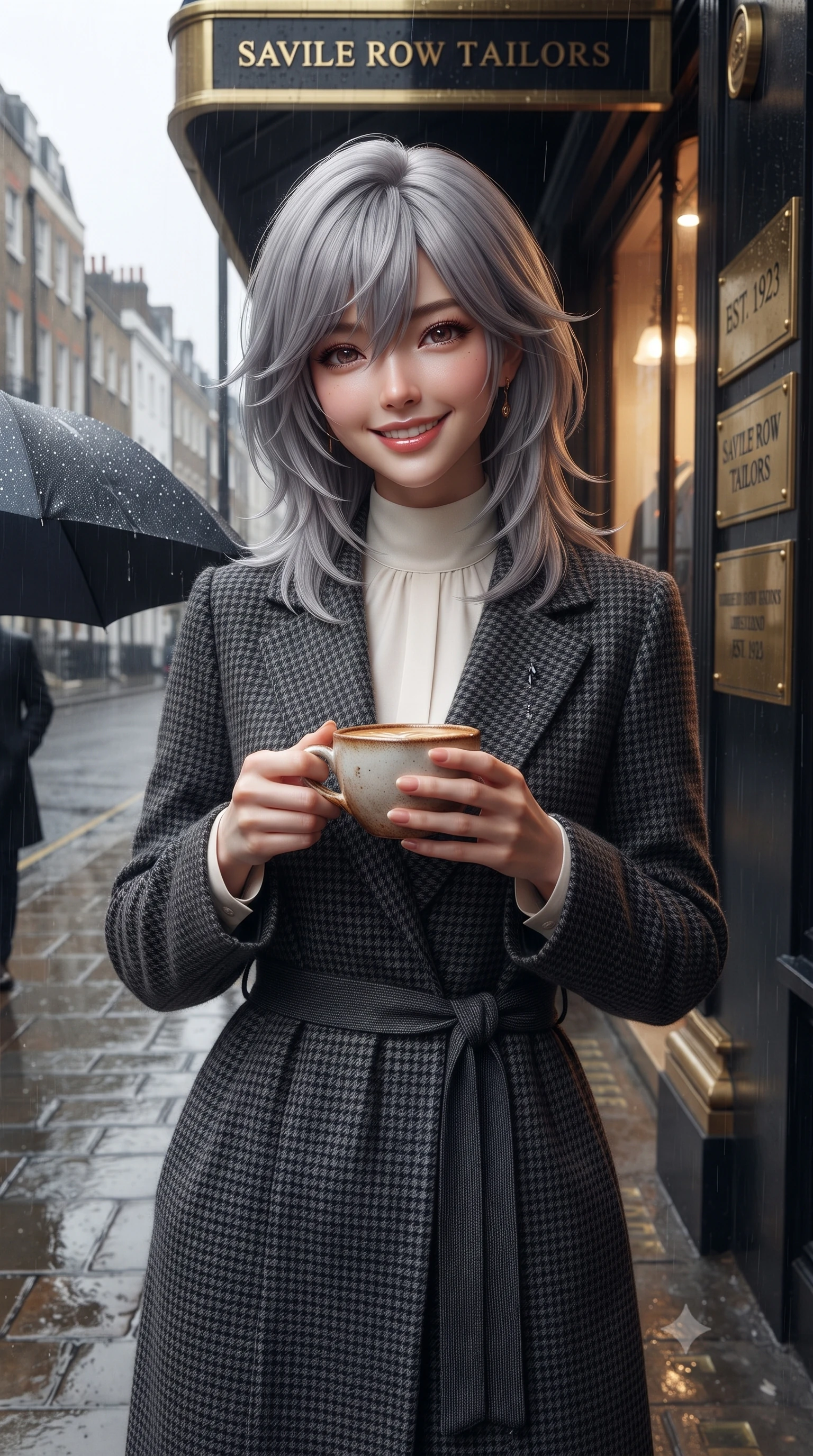 score_9, masterpiece, best quality, ultra-detailed, high-budget anime keyframe, editorial fashion photography, tasteful artistic composition, Japanese woman. close-up cowboy shot from the waist and thighs up, the character dominates the composition, filling the frame with her large presence. holding a warm porcelain cup in both hands while tilting her head with an enchanting, beaming smile while sheltering under the brass-trimmed boutique portico, brushing a raindrop from her lapel with effortless sartorial elegance. The surrounding environment is rendered in vivid detail and crisp panoramic clarity: sharp cobblestone pavement textures, fine water droplets beading on umbrella fabric, and brass shopfront plaques in deep focus. She has an exceptionally elegant, slender, and willowy female figure with an ultra-slim waist, flat toned midriff, narrow ribcage, and sculpted feminine hips creating an alluring, slim hourglass silhouette without bulk. sharp v-shaped jawline, high-bridge nose, intricate jewel-like sparkling eyes with depth, thick eyelashes, glossy parted lips with a natural peach sheen, bright cheerful beaming smile with an enchanting and coquettish sensual glint, exuding both youthful cute charm and seductive allure, flawlessly proportioned anatomical accuracy, strict slender model proportions, natural body alignment, perfectly sculpted long slender limbs, ultra-slim waistline, clean dynamic posture without body distortion. wearing a modern tailored silk-blend robe coat with minimalist sash belt layered over a high-neck blouse and wide culottes in classic Savile Row charcoal houndstooth and crisp ivory, tailored from heavyweight double-faced wool with clean architectural edges, featuring delicate tonal horn buttons and meticulous hand-stitched pick-lapel borders, the streamlined silhouette following her natural slender proportions with sophisticated poise, enhancing her tall willowy presence. bathed in diffused London overcast sky light contrasted with warm incandescent shopfront display illumination. ultra-reflective glossy finish, specular highlights, rich textural contrasts, high-contrast stereoscopic depth, volumetric dynamic lighting, 2k, ultra detail, master piece, 9:16 ratio