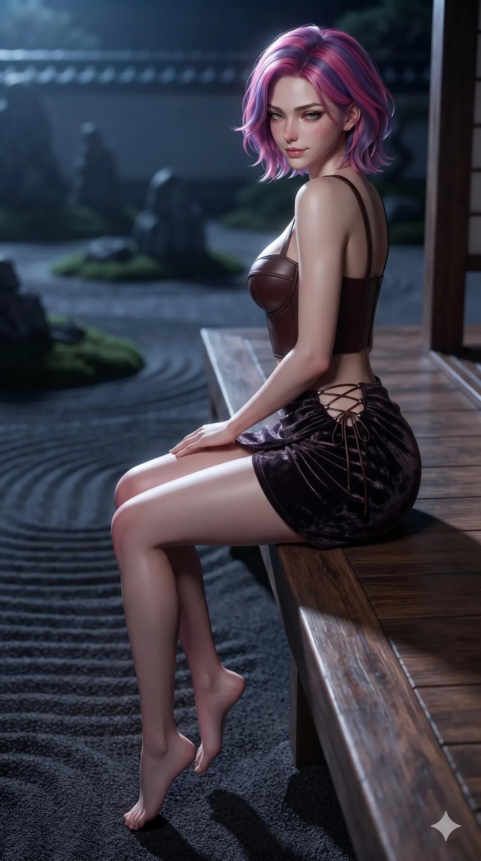 score_9, masterpiece, best quality, ultra-detailed, high-budget anime keyframe, editorial fashion photography, tasteful artistic composition, Caucasian woman. close-up cowboy shot from the waist and thighs up, the character dominates the composition, filling the frame with her large presence. glancing sidelong over her shoulder with a smoldering, enigmatic half-smile that commands the frame while sitting poised on the polished wooden veranda edge with legs dangling over the dark sand ripples, casting an intoxicating, heavy-lidded gaze. The background shows a soft-focus monastic zen dry garden at midnight softened in contemplative shallow focus. She has an exceptionally elegant, slender, and willowy female figure with an ultra-slim waist, flat toned midriff, narrow ribcage, and sculpted feminine hips creating an alluring, slim hourglass silhouette without bulk. sharp v-shaped jawline, high-bridge nose, intricate jewel-like dark sparkling eyes with hypnotic seductive depth, thick curled eyelashes, glossy parted lips with a natural wine sheen, alluring bedroom-eyes with an enigmatic smoldering smile, exuding magnetic sovereign charisma and dark avant-garde glamour, flawlessly proportioned anatomical accuracy, strict slender model proportions, natural body alignment, perfectly sculpted long slender limbs, ultra-slim waistline, clean dynamic posture without body distortion. wearing a structured underwire leather bustier top paired with an ultra-short draped wrap mini skirt in dark mahogany and brushed gunmetal, tailored from crushed dark velvet with deep light-absorbing plush texture, featuring fine criss-cross lace-up side ties revealing tantalizing glimpses of her hip curve, the bespoke structured tailoring following the natural line of her 8.5-heads silhouette with refined elegance. illuminated by moonlit sand ripple bounce and sharp silver-topaz rim lights defining her razor-sharp jawline, narrow waist, and curvy hips. ultra-reflective glossy finish, specular highlights, metallic sheen, high-contrast stereoscopic depth, volumetric dynamic lighting, 2k, ultra detail, master piece, 9:16 ratio