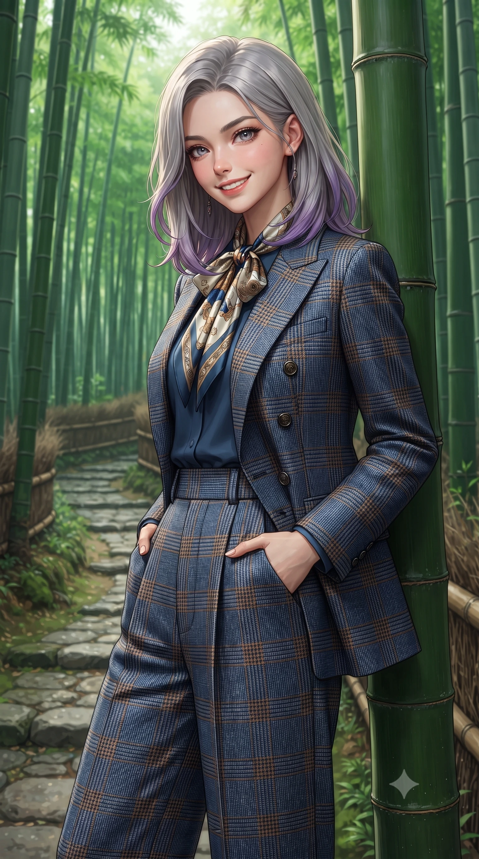 score_9, masterpiece, best quality, ultra-detailed, high-budget anime keyframe, editorial fashion photography, tasteful artistic composition, Caucasian woman. close-up cowboy shot from the waist and thighs up, the character dominates the composition, filling the frame with her large presence. standing poised with one hand slipped into her tailored trouser pocket, head tilted in a friendly, engaging expression while standing poised between towering emerald bamboo stalks, looking back along the stone pathway with an enchanting, radiant smile. The surrounding environment is rendered in vivid detail and crisp panoramic clarity: detailed stand-collar wool jacket tailoring, minimalist button placket, and historic Kyoto trail craft in high resolution. She has an exceptionally elegant, slender, and willowy female figure with an ultra-slim waist, flat toned midriff, narrow ribcage, and sculpted feminine hips creating an alluring, slim hourglass silhouette without bulk. sharp v-shaped jawline, high-bridge nose, intricate jewel-like sparkling eyes with depth, thick eyelashes, glossy parted lips with a natural peach sheen, bright cheerful beaming smile with an enchanting and coquettish sensual glint, exuding both youthful cute charm and seductive allure, flawlessly proportioned anatomical accuracy, strict slender model proportions, natural body alignment, perfectly sculpted long slender limbs, ultra-slim waistline, clean dynamic posture without body distortion. wearing a double-breasted Prince of Wales check tailored wool blazer paired with high-waisted pleated wide-leg trousers in royal sapphire blue and antique brushed bronze, woven from fine Australian merino wool with a smooth fluid drape and subtle sheen, finished with a printed silk twilly scarf knotted gracefully around her neck, the precision-cut high-waisted tailoring accentuating her ultra-slim waist and long slender leg line with immaculate aristocratic poise. illuminated by soft green foliage bounce and crisp jade-gold rim lights sculpting her razor-sharp jawline and tall willowy frame. ultra-reflective glossy finish, specular highlights, rich textural contrasts, high-contrast stereoscopic depth, volumetric dynamic lighting, 2k, ultra detail, master piece, 9:16 ratio