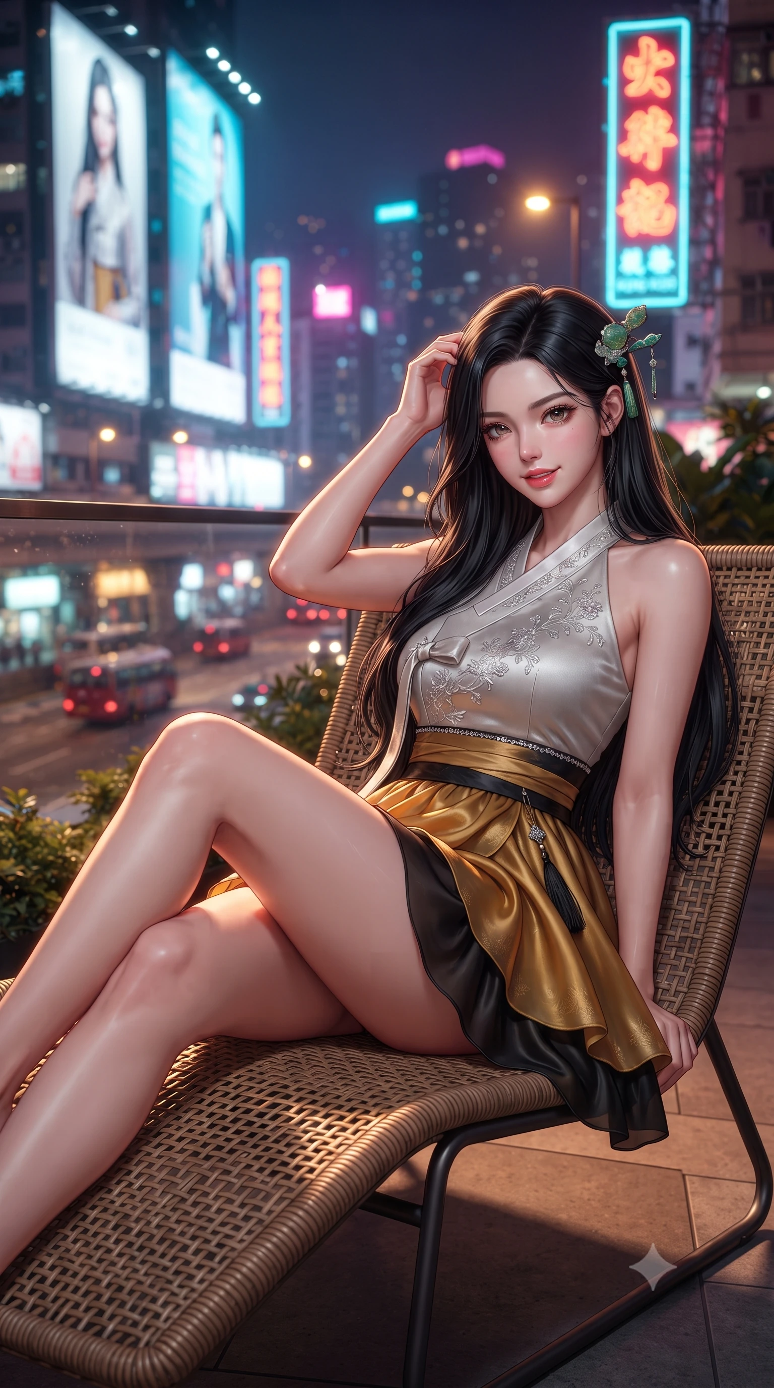 score_9, masterpiece, best quality, ultra-detailed, high-budget anime keyframe, editorial fashion photography, tasteful artistic composition, Korean woman. close-up cowboy shot from the waist and thighs up, the character dominates the composition, filling the frame with her large presence. tilting her head with an alluring smile while arching her spine with dancer poise, one hand touching her ornate jade hairpin in a flirtatious S-curve while lounging in a modernist low rattan lounge with legs extended, her high-slit modern fusion gown glowing under colossal skyscraper billboards. The background shows a soft-focus dizzying vertical kanji neon signs, passing elevated traffic, and mist-veiled Victoria Peak blurred into saturated magenta, cyan, and amber bokeh. She has an exceptionally elegant, slender, and willowy female figure with an ultra-slim waist, flat toned midriff, narrow ribcage, and sculpted feminine hips creating an alluring, slim hourglass silhouette without bulk. sharp v-shaped jawline, high-bridge nose, intricate jewel-like dark sparkling almond eyes with depth, thick lashes, glossy parted lips with a natural rose-plum sheen, bright alluring and coquettish smile with bedroom-eyes, exuding both timeless oriental elegance and sovereign high-fashion allure, flawlessly proportioned anatomical accuracy, strict slender model proportions, natural body alignment, perfectly sculpted long slender limbs, ultra-slim waistline, clean dynamic posture without body distortion. wearing a modern halter-neck fusion hanbok bodice with delicate silver embroidery and a fluttering layered chiffon wrap mini skirt in antique saffron gold and ebony black, crafted from heavy fluid silk satin with a liquid mirror-like sheen, finished with subtle crystal rhinestones tracing the elegant neckline, the liquid-tight tailored silk fabric clinging flawlessly to her narrow waist and rounded feminine hips, emphasizing every millimeter of her sculpted slim hourglass curves without any bulky heaviness. illuminated by rooftop garden amber accents and sharp laser-cyan rim lighting sculpting her razor-sharp jawline, narrow waist, and curvy hips. ultra-reflective glossy finish, specular highlights, rich textural contrasts, high-contrast stereoscopic depth, volumetric dynamic lighting, 2k, ultra detail, master piece, 9:16 ratio