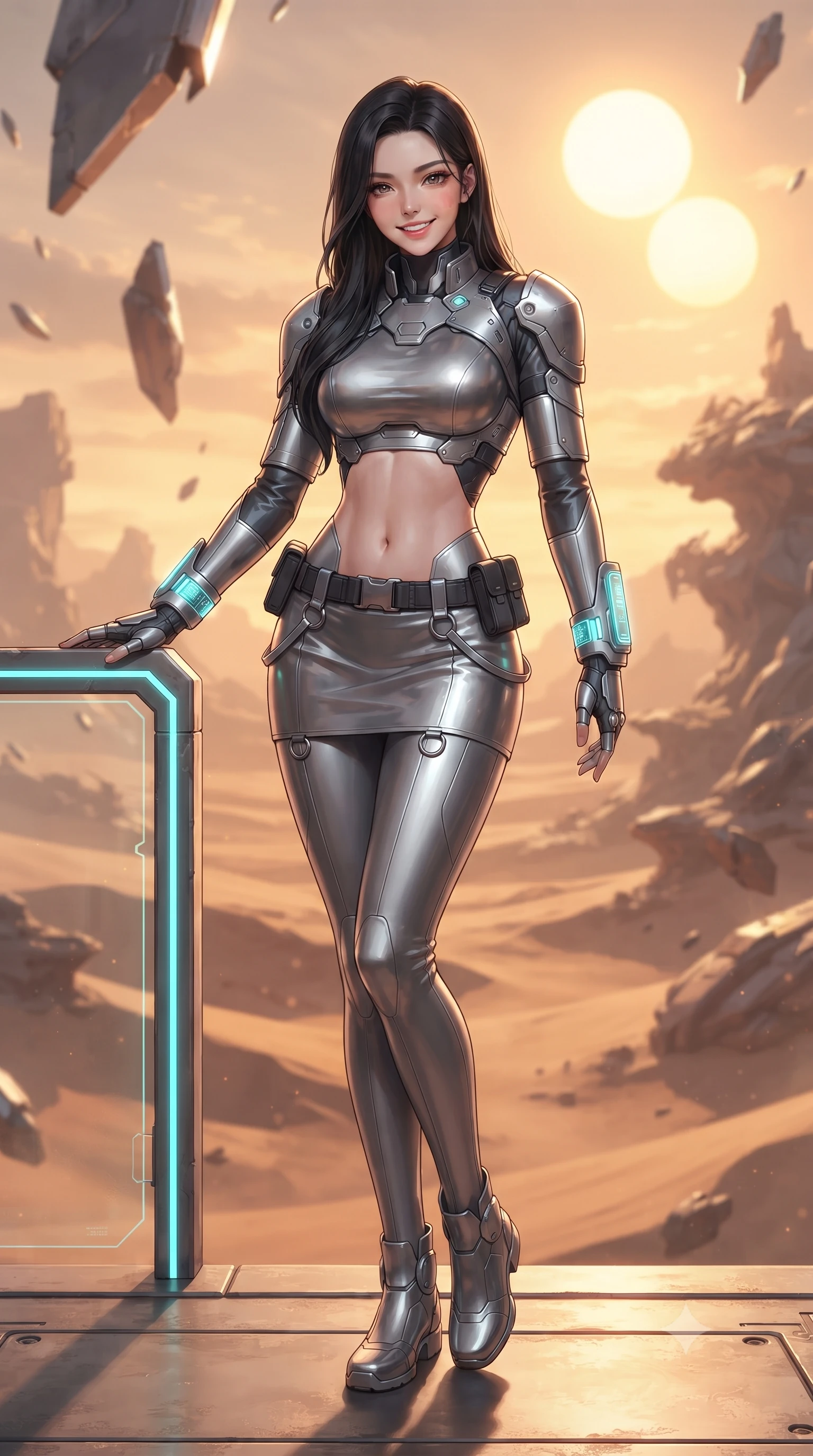 score_9, masterpiece, best quality, ultra-detailed, high-budget anime keyframe, editorial fashion photography, tasteful artistic composition, Korean woman. low angle full-body shot from head to toe showing her feet, filling the entire 9:16 vertical frame with her statuesque presence, stretching her vertical silhouette. standing in a tall, confident posture with one hand on a glowing metal railing, stretching her statuesque body as she arches her lower back to emphasize her sculpted feminine hips and slender waist while lounging on an ancient metallic plinth with legs crossed, her futuristic combat suit contrasting magnificently with the vast alien desert. The background shows a soft-focus floating anti-gravity metallic shards drifting silently in the sub-orbital wind softened in mystical sci-fi shallow focus. She has an absolutely perfect, statuesque 8.5-heads proportion, an exceptionally tall and slender model-like female figure with impossibly long slender legs, an ultra-slim waist, a flat toned midriff, narrow delicate ribcage, and beautifully sculpted feminine hips creating a graceful, slim hourglass silhouette without any bulky heaviness. sharp v-shaped jawline, high-bridge nose, intricate jewel-like sparkling eyes with depth, thick eyelashes, glossy parted lips with a natural sheen, bright confident smile with an enchanting and coquettish sensual glint, exuding both youthful magnetic charm and sovereign high-tech allure, flawlessly proportioned anatomical accuracy, strict slender model proportions, natural body alignment, perfectly sculpted long slender limbs, ultra-slim waistline, clean dynamic posture without body distortion. wearing a modern mecha-suit two-piece set featuring a cropped armored bolero top and micro tactical skirt with chrome rings in reflective liquid mercury and matte phantom grey, tailored from brushed aeronautical titanium alloy with matte satin sheen, featuring sleek glowing cyan HUD display wrist cuffs with floating data telemetry, the aerodynamic second-skin silhouette tightly following the natural contour of her hips and long slender legs with youthful 8.5-heads elegance. bathed in the warm, dramatic twin-sun sunset light casting long sculptural shadows. ultra-reflective glossy finish, specular highlights, rich textural contrasts, high-contrast stereoscopic depth, volumetric dynamic lighting, 2k, ultra detail, master piece, 9:16 ratio