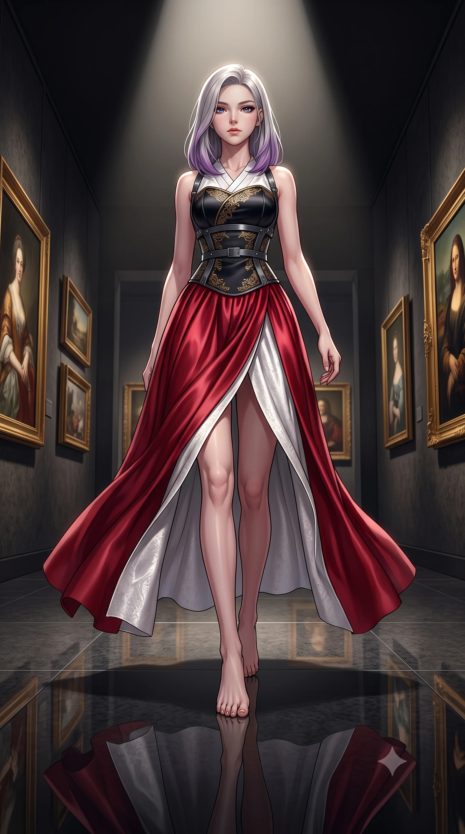 score_9, masterpiece, best quality, ultra-detailed, high-budget anime keyframe, editorial fashion photography, tasteful artistic composition, Caucasian woman. low angle full-body shot from head to toe showing her feet, filling the entire 9:16 vertical frame with her statuesque presence, stretching her vertical silhouette. navigating the private sanctuary with an effortless, graceful stride, navigating a dimly lit gallery corridor with gold-framed masterwork paintings, polished granite floor creating a dark mirror reflection of her posture. She has an absolutely perfect, statuesque 8.5-heads proportion, an exceptionally tall and slender model-like female figure with impossibly long slender legs and an ultra-slim waist. sharp v-shaped jawline, high-bridge nose, intricate jewel-like eyes with depth, thick eyelashes, glossy lips with a natural sheen. wearing modern fusion white hanbok dress with structured gold-embroidered bodice in pitch-black onyx, made of soft crimson satin, highlighted by a gunmetal metallic harness structure, highlighting her statuesque proportions and ultra-slim waistline. illuminated by a single dramatic theatrical spotlight from directly overhead. highly saturated vibrant anime colors, detailed shading with soft gradients, rich glossy textures, high-contrast stereoscopic depth, volumetric dynamic lighting, master piece, 9:16 ratio