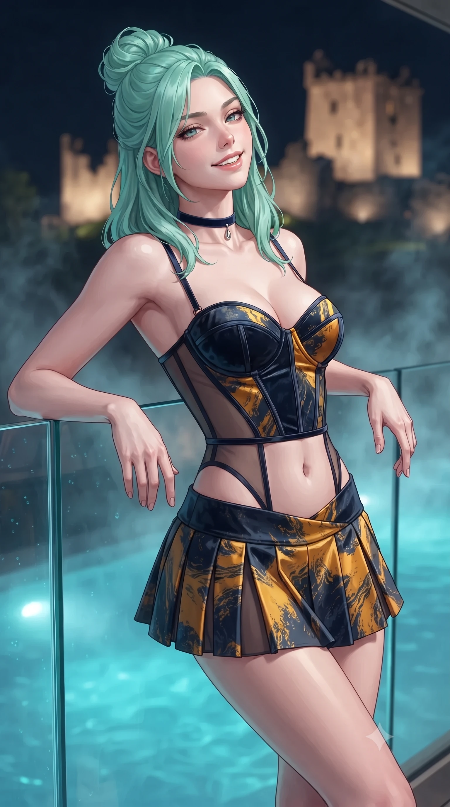 score_9, masterpiece, best quality, ultra-detailed, high-budget anime keyframe, editorial fashion photography, tasteful artistic composition, Japanese woman. close-up cowboy shot from the waist and thighs up, the character dominates the composition, filling the frame with her large presence. leaning back against the balustrade with relaxed seductive grace, head tilted back slightly while casting a hypnotic, heavy-lidded gaze while leaning against the frameless panoramic glass balustrade with hips cocked back, looking out toward the floodlit ruins of Urquhart Castle with smoldering bedroom-eyes. The background shows a soft-focus wisps of thermal mineral pool steam softened in ultra-luxury Scottish loch retreat shallow focus. She has an exceptionally elegant, slender, and willowy female figure with an ultra-slim waist, flat toned midriff, narrow ribcage, and sculpted feminine hips creating an alluring, slim hourglass silhouette without bulk. sharp v-shaped jawline, high-bridge nose, intricate jewel-like sparkling eyes with depth, thick eyelashes, glossy parted lips with a natural peach sheen, bright cheerful beaming smile with an enchanting and coquettish sensual glint, exuding both youthful cute charm and seductive allure, flawlessly proportioned anatomical accuracy, strict slender model proportions, natural body alignment, perfectly sculpted long slender limbs, ultra-slim waistline, clean dynamic posture without body distortion. wearing a structured boned velvet bustier top paired with an ultra-short low-rise pleated micro mini skirt in Lofoten midnight sun golden amber and Arctic deep navy, featuring strategic sheer-illusion tulle side panels framing her ribcage and hips, finished with a thin velvet ribbon choker and a single teardrop diamond pendant, the high-slit wrap tailoring accentuating her ultra-slim waistline and the enchanting curve of her feminine hips with alluring seductive charm. bathed in underwater pool turquoise-cyan LEDs combined with soft warm 2700K interior cove lighting through glass. ultra-reflective glossy finish, specular highlights, rich textural contrasts, high-contrast stereoscopic depth, volumetric dynamic lighting, 2k, ultra detail, master piece, 9:16 ratio