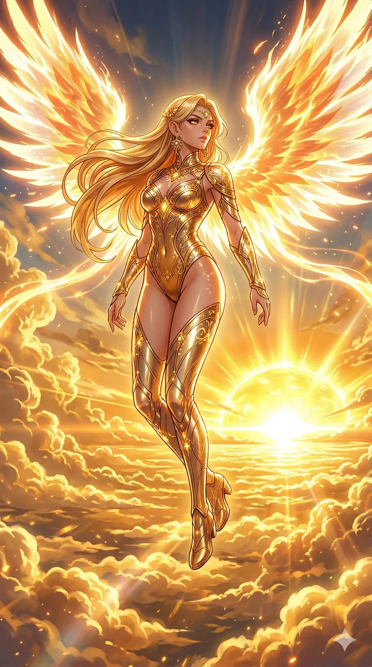 score_9, masterpiece, best quality, ultra-detailed, high-budget anime keyframe, an incredibly beautiful Caucasian woman (strictly human ears). Full-body shot stretching the vertical silhouette, dominating the 9:16 frame. She is a solar angel spreading her energy wings. She possesses a statuesque height and a towering silhouette, highlighting her long slender legs and perfect 8-heads proportion. Her face is a highly detailed masterpiece featuring a sharp v-shaped jawline, high-bridge nose, intricate jewel-like eyes, thick eyelashes, and glossy lips. She is wearing a high-cut metallic gold bodysuit that captures the light. A sea of golden clouds with an enormous glowing sun on the horizon., 2k, ultra detail, master piece, 9:16 ratio