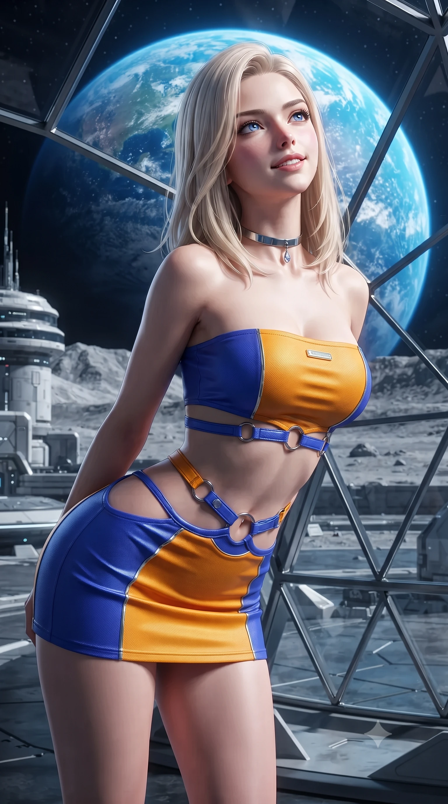 score_9, masterpiece, best quality, ultra-detailed, high-budget anime keyframe, editorial fashion photography, tasteful artistic composition, Caucasian woman. close-up cowboy shot from the waist and thighs up, the character dominates the composition, filling the frame with her large presence. leaning forward while arching her lower back to accentuate her curvy hips, looking into the camera with an intoxicating smoldering gaze and bedroom-eyes while leaning against the faceted diamond-glass dome strut with hips cocked back, gazing up at the brilliant blue marble of Earth rising over lunar peaks with bedroom-eyes. The surrounding environment is rendered in vivid detail and crisp panoramic clarity: detailed fabric weave, tailored fit, and futuristic lunar outpost architecture in high resolution. She has an exceptionally elegant, slender, and willowy female figure with an ultra-slim waist, flat toned midriff, narrow ribcage, and sculpted feminine hips creating an alluring, slim hourglass silhouette without bulk. sharp v-shaped jawline, high-bridge nose, intricate jewel-like sparkling eyes with depth, thick eyelashes, glossy parted lips with a natural peach sheen, bright cheerful beaming smile with an enchanting and coquettish sensual glint, exuding both youthful cute charm and seductive allure, flawlessly proportioned anatomical accuracy, strict slender model proportions, natural body alignment, perfectly sculpted long slender limbs, ultra-slim waistline, clean dynamic posture without body distortion. wearing an ultra-cropped tech-wear bandeau top paired with a micro mini skirt revealing her flat toned midriff in Jovian amber and electric storm cobalt, adorned with delicate chrome ring hardware and cutouts along her slender waist, finished with a minimalist chrome choker and a single teardrop diamond pendant, the form-contouring silhouette accentuating her sculpted flat midriff, narrow delicate ribcage, and gracefully curvy hips with intoxicating allure. illuminated by basalt tile reflection bounce and sharp Earth-blue rim lights sculpting her jawline, narrow waist, and curvy hips. ultra-reflective glossy finish, specular highlights, rich textural contrasts, high-contrast stereoscopic depth, volumetric dynamic lighting, 2k, ultra detail, master piece, 9:16 ratio