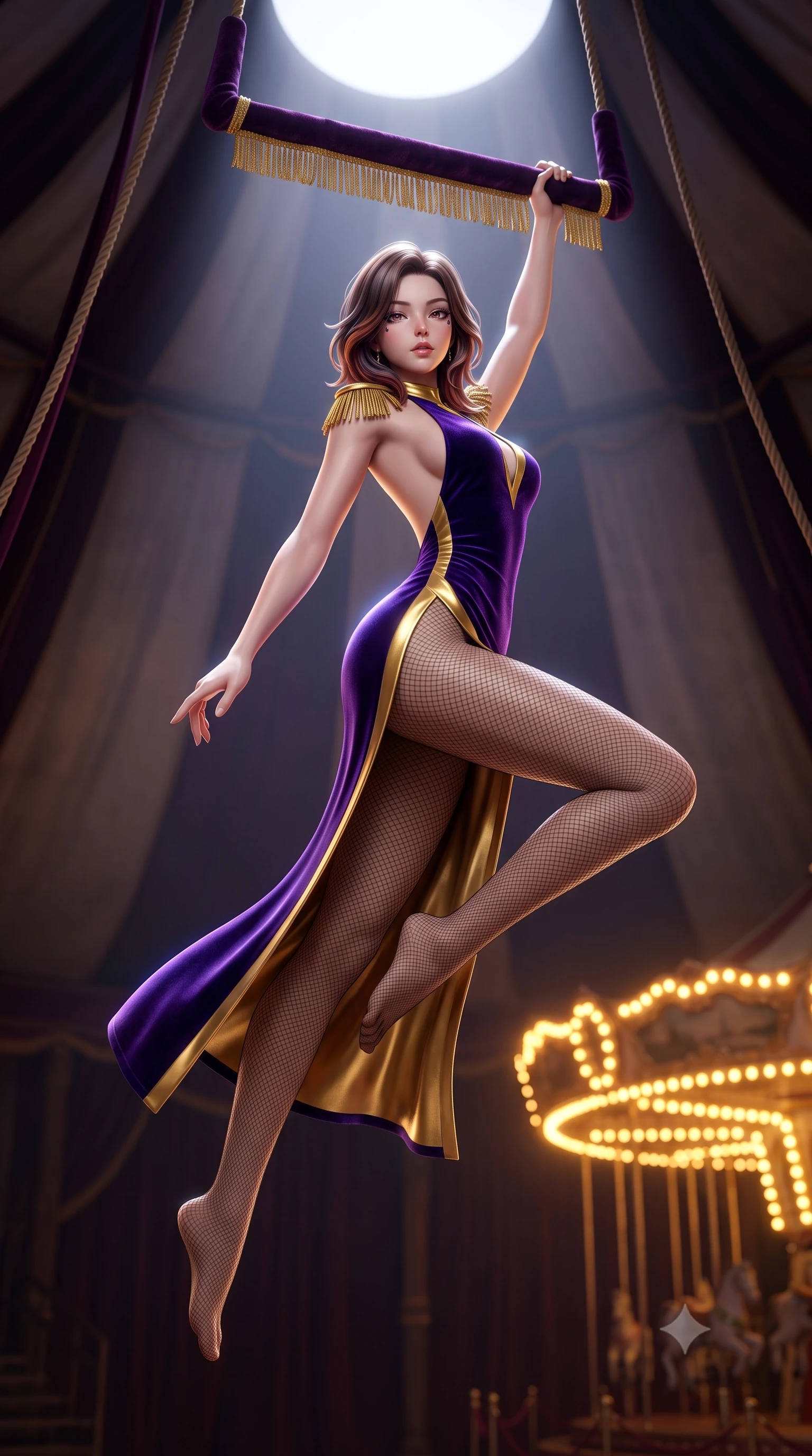 score_9, masterpiece, best quality, ultra-detailed, high-budget anime keyframe, semi-realistic 3D game render, editorial fashion photography, tasteful artistic composition, Korean woman. low angle full-body shot from head to toe showing her feet, filling the entire 9:16 vertical frame with her statuesque presence, stretching her vertical silhouette. striding forward in a proud supermodel runway stride, hips swaying in an alluring kinetic rhythm that accentuates her curvy hourglass silhouette while hanging suspended from an aerial velvet trapeze bar, arching her spine in a breathtaking dancer line with one leg extended as spotlights trace her curvy hips. The composition keeps background elements in soft focus with creamy bokeh. looming circus tent canvas arches and velvet rigging ropes softened in theatrical shallow focus. She has an absolutely perfect, statuesque 8.5-heads proportion, an exceptionally tall and slender model-like female figure with impossibly long slender legs, a toned flat midriff, an ultra-slim waist, and beautifully sculpted feminine hips. sharp v-shaped jawline, high-bridge nose, intricate jewel-like eyes with depth, thick eyelashes, glossy parted lips with a natural sheen, intensely captivating and seductive bedroom-eyes expression, flawlessly proportioned anatomical accuracy, strict slender model proportions, natural body alignment, perfectly sculpted long slender limbs, ultra-slim waistline, clean dynamic posture without body distortion. wearing a backless silk velvet cocktail dress featuring an ultra-high side slit and gold epaulets in imperial royal purple and polished gold leaf, crafted from heavyweight crushed silk velvet with liquid luster, finished with sheer fishnet tights accentuating her long slender legs, the liquid-tight tailored fabric clinging flawlessly to her narrow waist and rounded feminine hips, emphasizing every millimeter of her sculpted hourglass curves during movement. bathed in dramatic overhead circular spotlight beams and warm golden carousel perimeter glow. highly saturated vibrant anime colors, detailed shading with soft gradients, rich glossy textures, high-contrast stereoscopic depth, volumetric dynamic lighting, master piece, 9:16 ratio