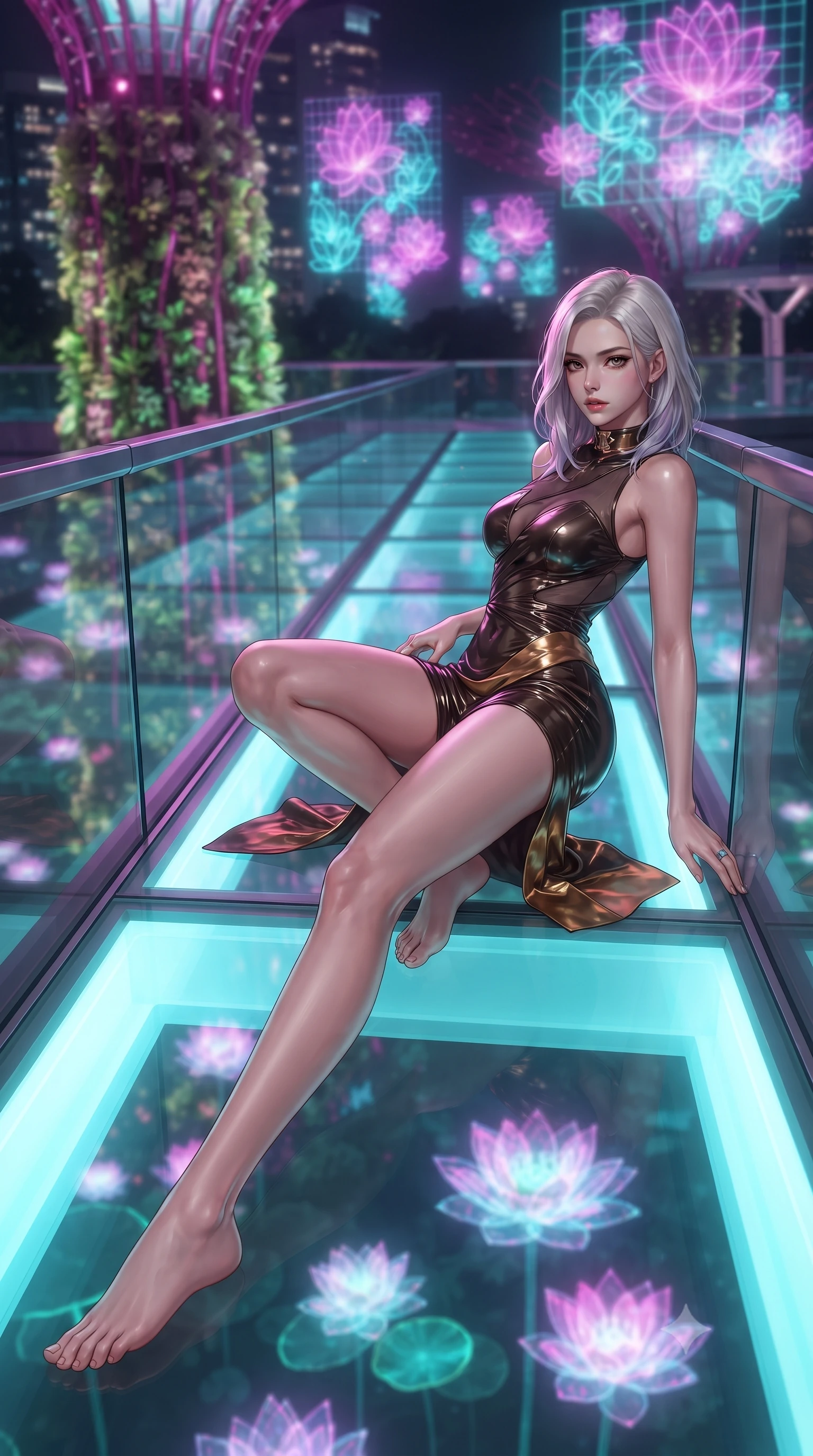 score_9, masterpiece, best quality, ultra-detailed, high-budget anime keyframe, editorial fashion photography, tasteful artistic composition, Caucasian woman. low angle full-body shot from head to toe showing her feet, filling the entire 9:16 vertical frame with her statuesque presence, stretching her vertical silhouette. reclining on her side in an elegant Cleopatra pose with one knee drawn up, the dramatic contour of her rounded hips and long slender legs commanding the 9:16 vertical frame while leaning deep against the transparent skybridge railing with hips cocked back, looking over her bare shoulder with bedroom-eyes as holographic lotus flowers bloom below. The composition keeps background elements in soft focus with creamy bokeh. towering illuminated vertical gardens and floating holographic floral light grids blurred into electric magenta, turquoise, and violet bokeh. She has an exceptionally tall and slender model-like 8.5-heads proportion, an ultra-slim waist, a flat toned midriff, narrow delicate ribcage, and beautifully sculpted feminine hips creating a graceful, slim hourglass silhouette without any bulky heaviness, with impossibly long slender legs. sharp v-shaped jawline, high-bridge nose, intricate jewel-like eyes with depth, thick eyelashes, glossy parted lips with a natural sheen, intensely captivating and seductive bedroom-eyes expression, flawlessly proportioned anatomical accuracy, strict slender model proportions, natural body alignment, perfectly sculpted long slender limbs, ultra-slim waistline, clean dynamic posture without body distortion. wearing a wet-look silk fusion wrap dress with asymmetrical sheer mesh cutouts and high Mandarin collar in dark espresso brown and molten gold foil, tailored from water-resistant treated wool gabardine and flexible stretch silk, complemented by a bold geometric choker and sparkling cocktail ring, the second-skin form-contouring cut accentuating her sculpted flat midriff, narrow delicate ribcage, and gracefully curvy hips with supermodel precision. bathed in rich magenta and cyan bioluminescent light contrasting with warm tropical ambient twilight. ultra-reflective glossy finish, specular highlights, rich textural contrasts, high-contrast stereoscopic depth, volumetric dynamic lighting, 2k, ultra detail, master piece, 9:16 ratio