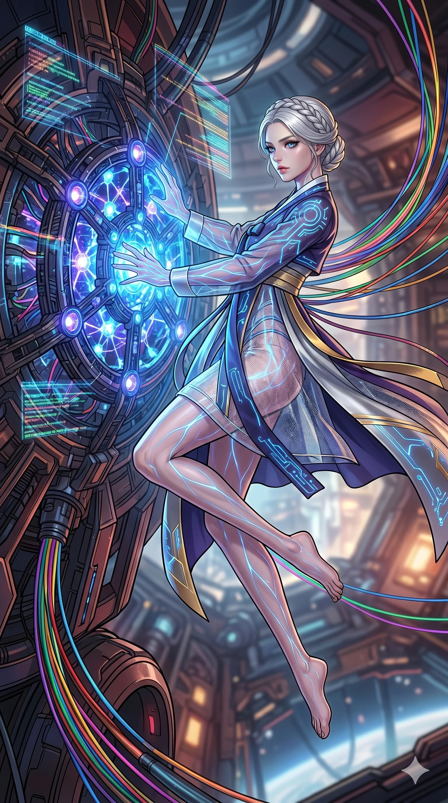 score_9, masterpiece, best quality, ultra-detailed, high-budget anime movie keyframe, cinematic anime lighting, intricate line art, Korean woman. Mid-air action shot capturing a graceful twist and vertical silhouette. interfacing with a starship's core, her veins glowing with blue light. She has an absolutely perfect 8-heads proportion, an exceptionally tall and slender female figure with an ultra-slim waist and impossibly long slender legs. strictly human anatomy, two legs only, no extra limbs, clearly defined legs and arms, perfect anatomy, perfect hands and fingers. sharp v-shaped jawline, high-bridge nose, intricate jewel-like eyes, thick eyelashes, glossy lips. Wearing Modern Traditional: Shortened cyber-hanbok with fusion silk robes and transparent panels. The scene is illuminated by dramatic atmospheric lighting and vibrant color palettes. , 2k, ultra detail, master piece, 9:16 ratio