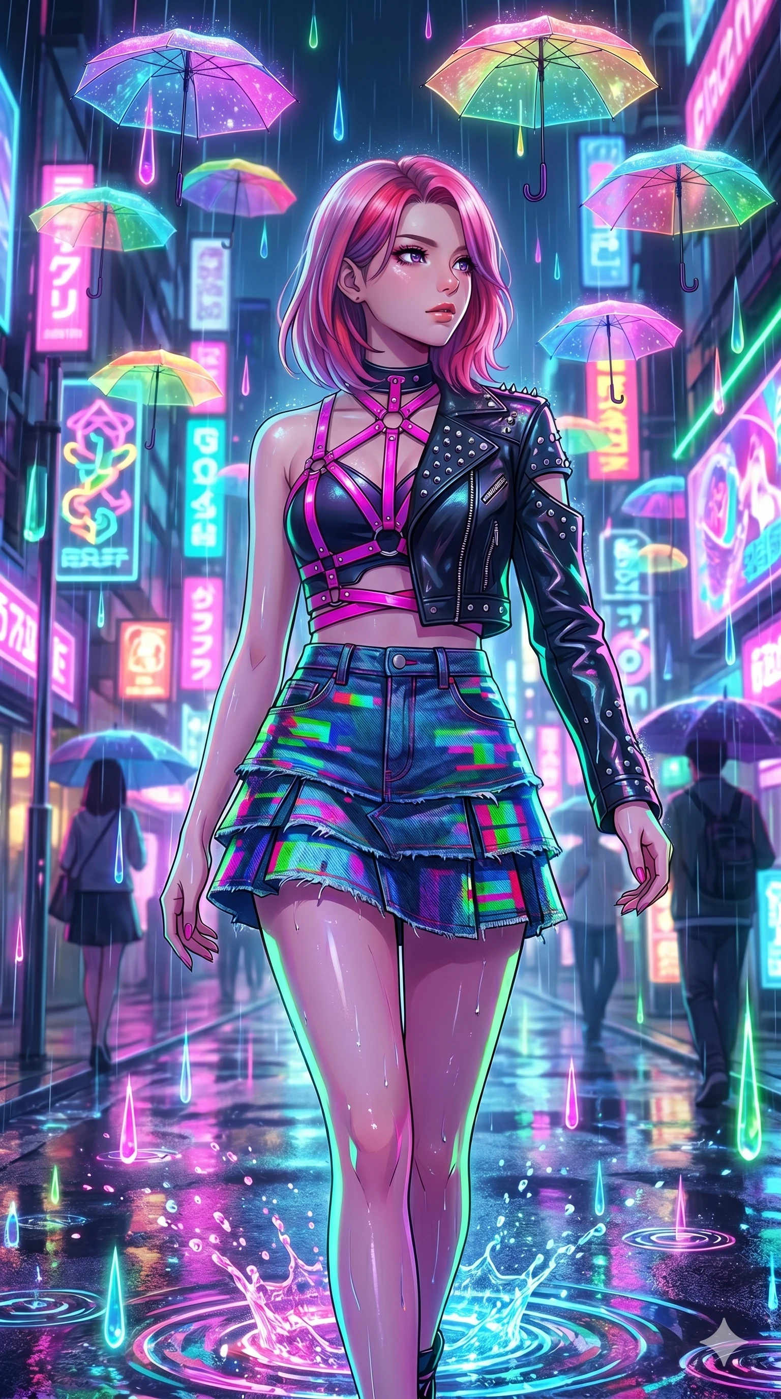 score_9, masterpiece, best quality, ultra-detailed, high-budget anime keyframe, Japanese woman. upper body close-up from the thighs up, character filling the screen for maximum presence. navigating a wet neon-lit future street under colorful floating umbrellas as translucent neon raindrops fall, creating brilliant splash ripples. She has an absolutely perfect 8-heads proportion, an exceptionally tall and slender female figure with impossibly long slender legs and an ultra-slim waist. V-shaped jawline, high-bridge nose, intricate jewel-like eyes with depth, thick eyelashes, glossy lips with a natural sheen.. wearing a glitch denim and studded leather outfit, featuring an RGB glitch pattern denim micro-skirt, a single-sleeve cropped leather jacket, and neon pink harness straps. bathed in brilliant cinematic volumetric lighting and intense neon rim light highlighting her slender form. 2k, ultra detail, master piece, 9:16 ratio