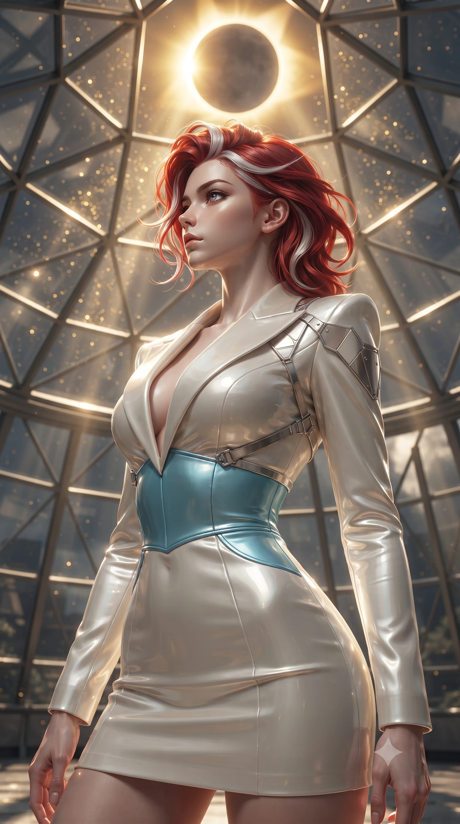 score_9, masterpiece, best quality, ultra-detailed, high-budget anime keyframe, editorial fashion photography, tasteful artistic composition, Caucasian woman. close-up cowboy shot from the waist and thighs up, the character dominates the composition, filling the frame with her large presence, background elements kept in soft focus. Turning her face in sharp dramatic profile against the radiant light, inside a dome solarium looking up at a total solar eclipse with a glowing golden corona, intense solar dust glittering like gold flecks in mid-air. She has an exceptionally elegant, slender, and willowy female figure with an ultra-slim waist, a gracefully sculpted slender torso, and a refined silhouette. sharp v-shaped jawline, high-bridge nose, intricate jewel-like eyes with depth, thick eyelashes, glossy lips with a natural sheen. wearing tailored ivory tux dress with satin lapels and fitted waist in sky blue turquoise, made of high-gloss liquid pearl vinyl, highlighted by a platinum metallic harness structure, the fitted fabric emphasizing her ultra-slim waist. lit by intense solar key light piercing through glass panes. ultra-reflective glossy finish, specular highlights, metallic sheen, high-contrast stereoscopic depth, volumetric dynamic lighting, 2k, ultra detail, master piece, 9:16 ratio