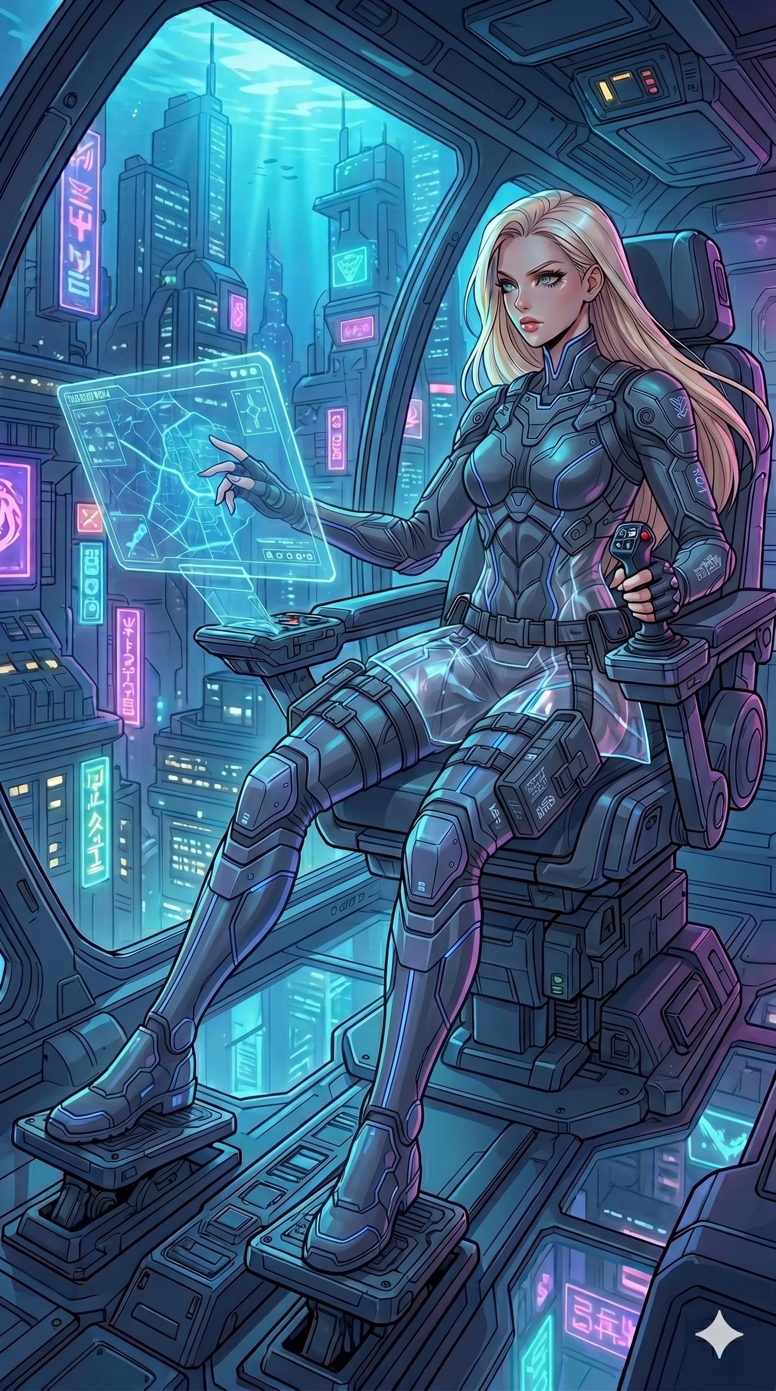 score_9, masterpiece, best quality, ultra-detailed, high-budget anime movie keyframe, cinematic anime lighting, intricate line art, Caucasian (strictly human ears) woman. Dynamic full-body shot stretching the vertical silhouette with extreme perspective. piloting a underwater submersible through a submerged neon city. She has an absolutely perfect 8-heads proportion, an exceptionally tall and slender female figure with an ultra-slim waist and impossibly long slender legs. strictly human anatomy, two legs only, no extra limbs, clearly defined legs and arms, perfect anatomy, perfect hands and fingers. sharp v-shaped jawline, high-bridge nose, intricate jewel-like eyes, thick eyelashes, glossy lips. Wearing Tech-Fantasy: Cybernetic tech-suit with glowing seams, translucent PVC over leotard, and modular tactical gear. The scene is illuminated by dramatic atmospheric lighting and vibrant color palettes. , 2k, ultra detail, master piece, 9:16 ratio