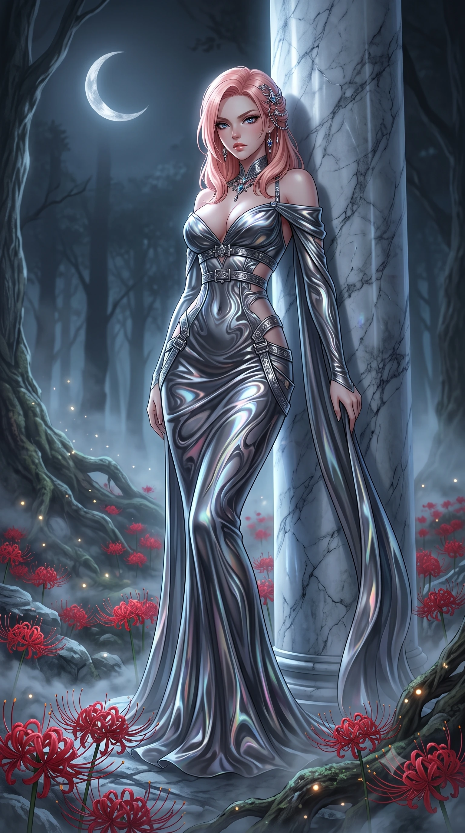 score_9, masterpiece, best quality, ultra-detailed, High-budget Anime Keyframe, East Asian woman. Low angle cowboy shot filling the entire 9:16 frame with her statuesque presence. Scenario 288: leaning against a cold marble pillar inside a misty dark forest under a crescent moon with red spider lilies blooming. Her presence is magnetic and overpowering in this high-budget anime scene. Outfit 288: a body-hugging molten liquid silk long with a low-cut shoulder and metallic buckles. The clothing is designed to emphasize her exceptionally tall and slender 8-heads proportion. 8-heads proportion, towering silhouette, ultra-slim waist. sharp v-shaped jawline, intricate jewel-like eyes with depth, thick eyelashes, glossy lips. 2k, ultra detail, master piece, 9:16 ratio