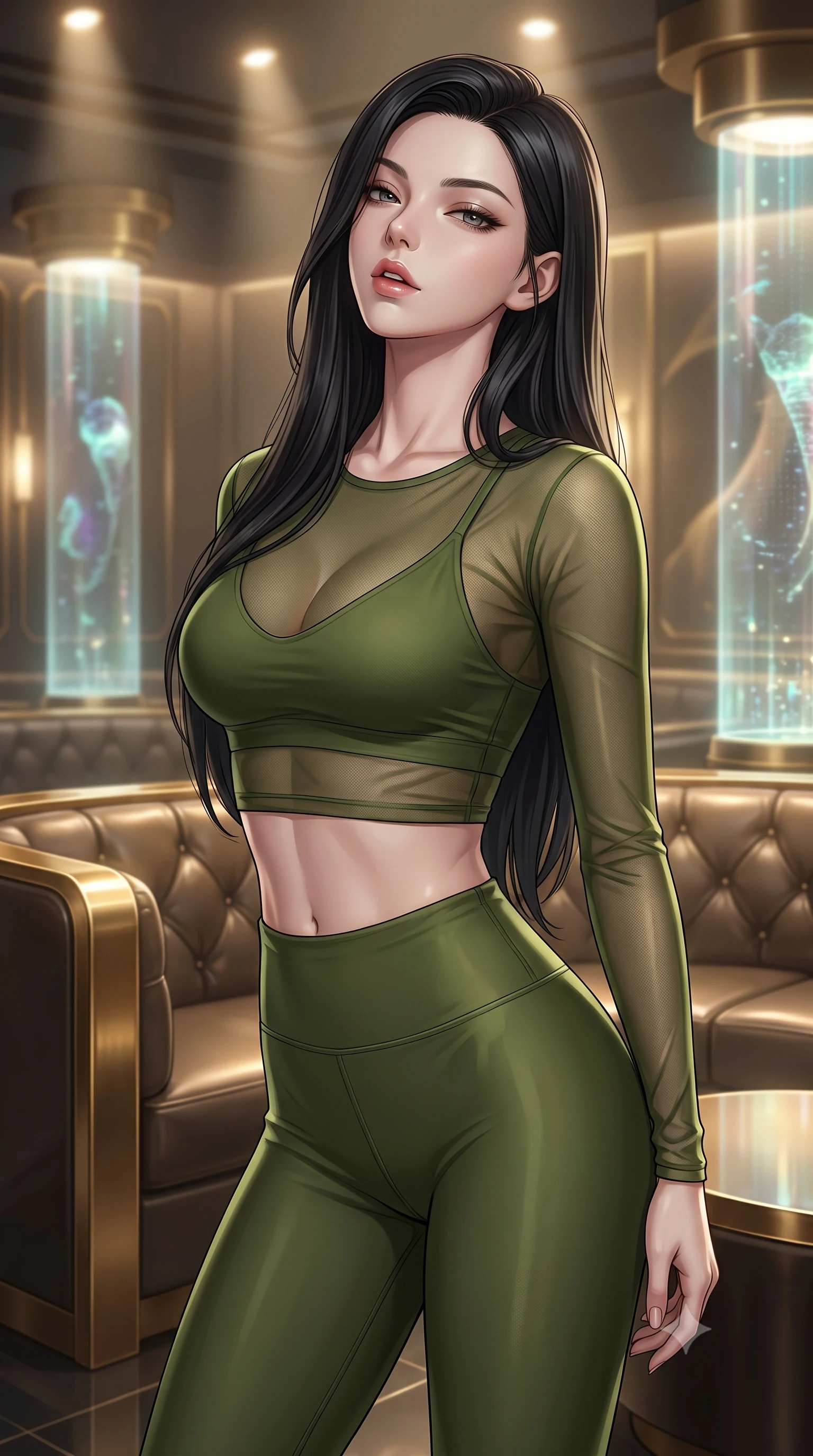 score_9, masterpiece, best quality, ultra-detailed, high-budget anime keyframe, editorial fashion photography, tasteful artistic composition, Korean woman. close-up cowboy shot from the waist and thighs up, the character dominates the composition, filling the frame with her large presence, background elements kept in soft focus. tilting her chin up slightly with lips parted in a composed, provocative expression the background shows a soft-focus a futuristic VIP lounge with gold-trimmed leather booths and holographic projection pillars. She has an exceptionally elegant, slender, and willowy female figure with an ultra-slim waist, a gracefully sculpted slender torso, and a refined silhouette. sharp v-shaped jawline, high-bridge nose, intricate jewel-like eyes with depth, thick eyelashes, glossy lips with a natural sheen. wearing a form-contouring sheer mesh long-sleeve crop top in olive green, worn over a matching sports bra and leggings. soft warm spotlights creating a premium, mysterious atmosphere. ultra-reflective glossy finish, specular highlights, metallic sheen, high-contrast stereoscopic depth, volumetric dynamic lighting, 2k, ultra detail, master piece, 9:16 ratio