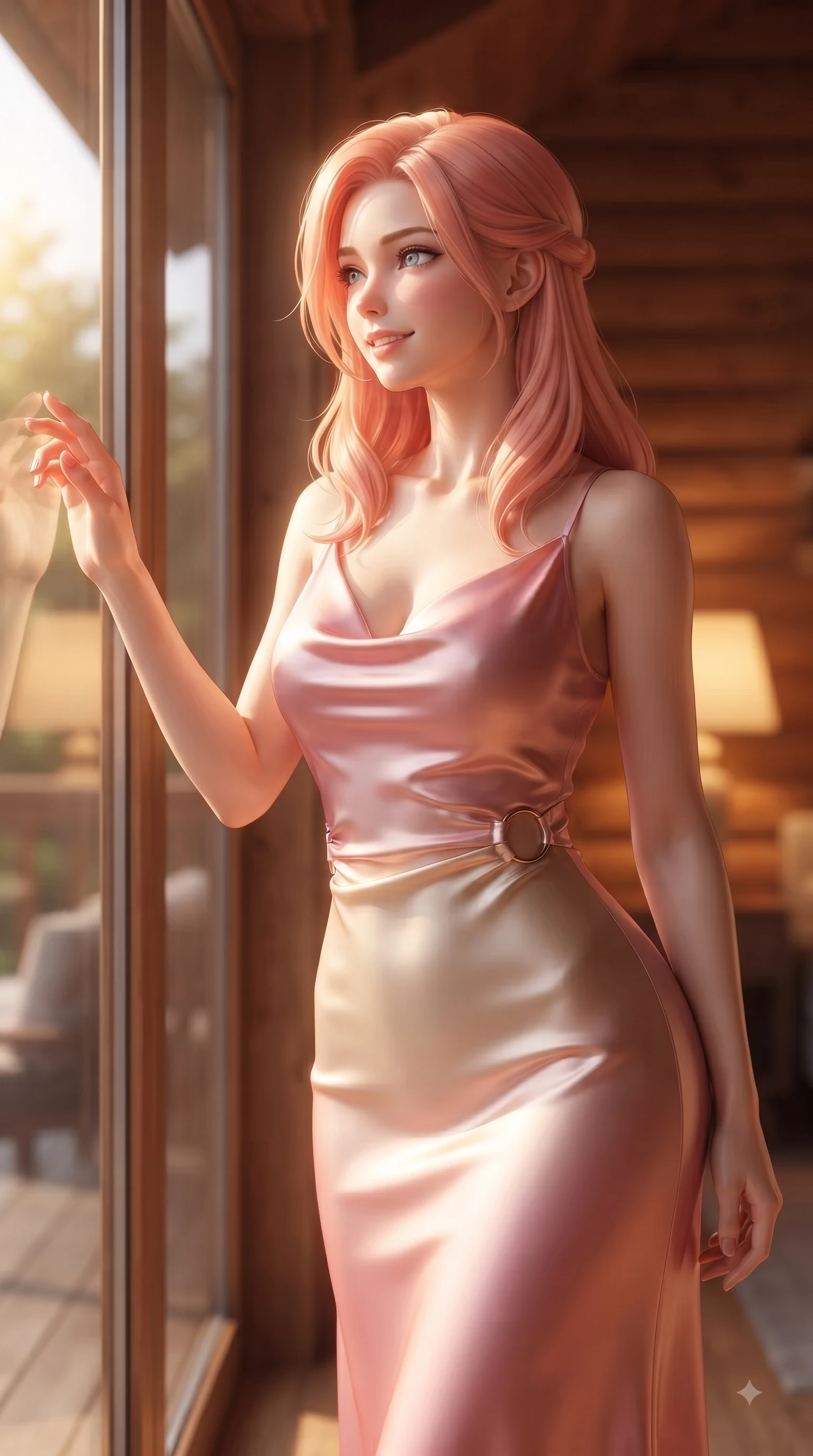 score_9, masterpiece, best quality, ultra-detailed, high-budget anime keyframe, editorial fashion photography, tasteful artistic composition, Japanese woman. close-up cowboy shot from the waist and thighs up, the character dominates the composition, filling the frame with her large presence. Fresh enchanting smile, her eyes twinkling like jewels in the bright sunlight as one arm reaches out cheerfully while looking out a large glass window with a tender cute smile as golden light streams in. The composition keeps background elements in soft focus with dreamy bokeh. warm oak wood interiors and soft indoor ambient lamps blurred into cozy, creamy bokeh. She has an exceptionally elegant, slender, and willowy female figure with an ultra-slim waist, a gracefully sculpted slender torso, and a refined silhouette. sharp v-shaped jawline, high-bridge nose, intricate jewel-like eyes with depth, thick eyelashes, glossy lips with a natural sheen, flawlessly proportioned anatomical accuracy, natural body alignment, perfectly sculpted elegant limbs, clean dynamic posture without body distortion. wearing an elegant cowl-neck silk satin midi dress with a graceful draped neckline in bright cherry blossom pink and champagne, crafted from smooth liquid silk satin, accented with subtle metallic ring hardware framing her waist, the sleek second-skin texture accentuating her magnetic presence. illuminated by soft glowing amber indoor lamps and natural garden reflections. ultra-reflective glossy finish, specular highlights, metallic sheen, high-contrast stereoscopic depth, volumetric dynamic lighting, 2k, ultra detail, master piece, 9:16 ratio