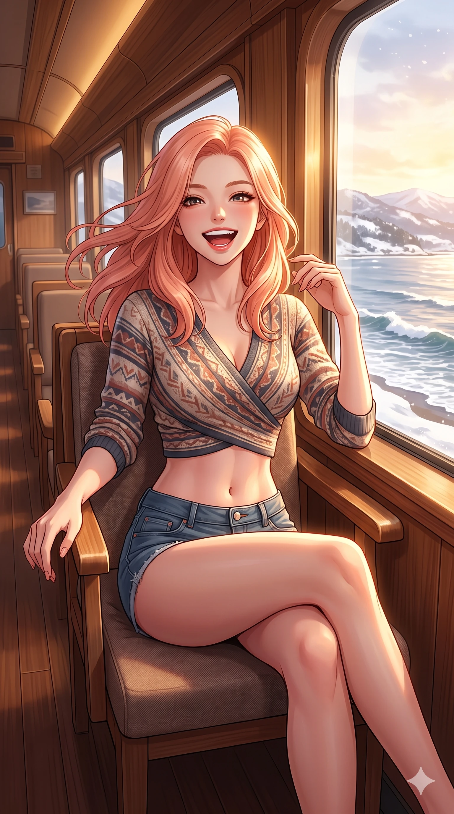 score_9, masterpiece, best quality, ultra-detailed, high-budget anime keyframe, vibrant anime aesthetic, Japanese woman. cowboy shot from the thighs up, character and outfit filling the frame for maximum presence. She is posing with a cheerful winter laugh, looking directly into the lens with warm eyes inside a luxury train lounge car showing a snowy coast (Code-P21-078). She has an absolutely perfect 8-heads proportion, an exceptionally tall and slender female figure with impossibly long slender legs and an ultra-slim waist. V-shaped jawline, high-bridge nose, intricate jewel-like eyes with depth, thick eyelashes, glossy lips with a natural sheen. wearing a wrap top exposing her bare midriff and micro-shorts in the chalet. She is dramatic volumetric lighting from the rising winter sun, accentuating her statuesque silhouette. 2k, ultra detail, master piece, 9:16 ratio