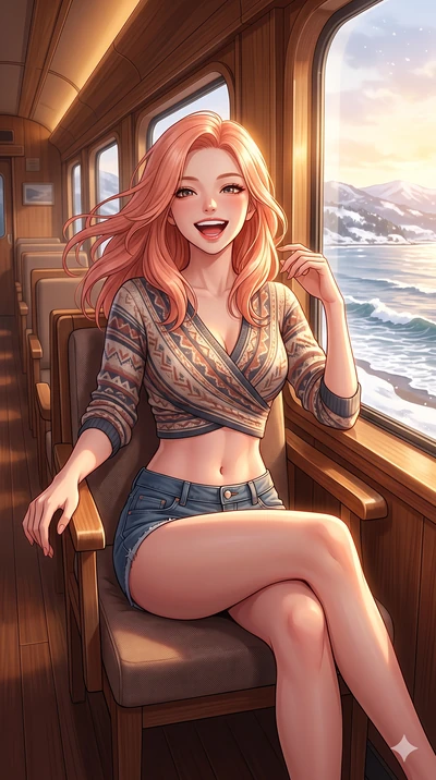 score_9, masterpiece, best quality, ultra-detailed, high-budget anime keyframe, vibrant anime aesthetic, Japanese woman. cowboy shot from the thighs up, character and outfit filling the frame for maximum presence. She is posing with a cheerful winter