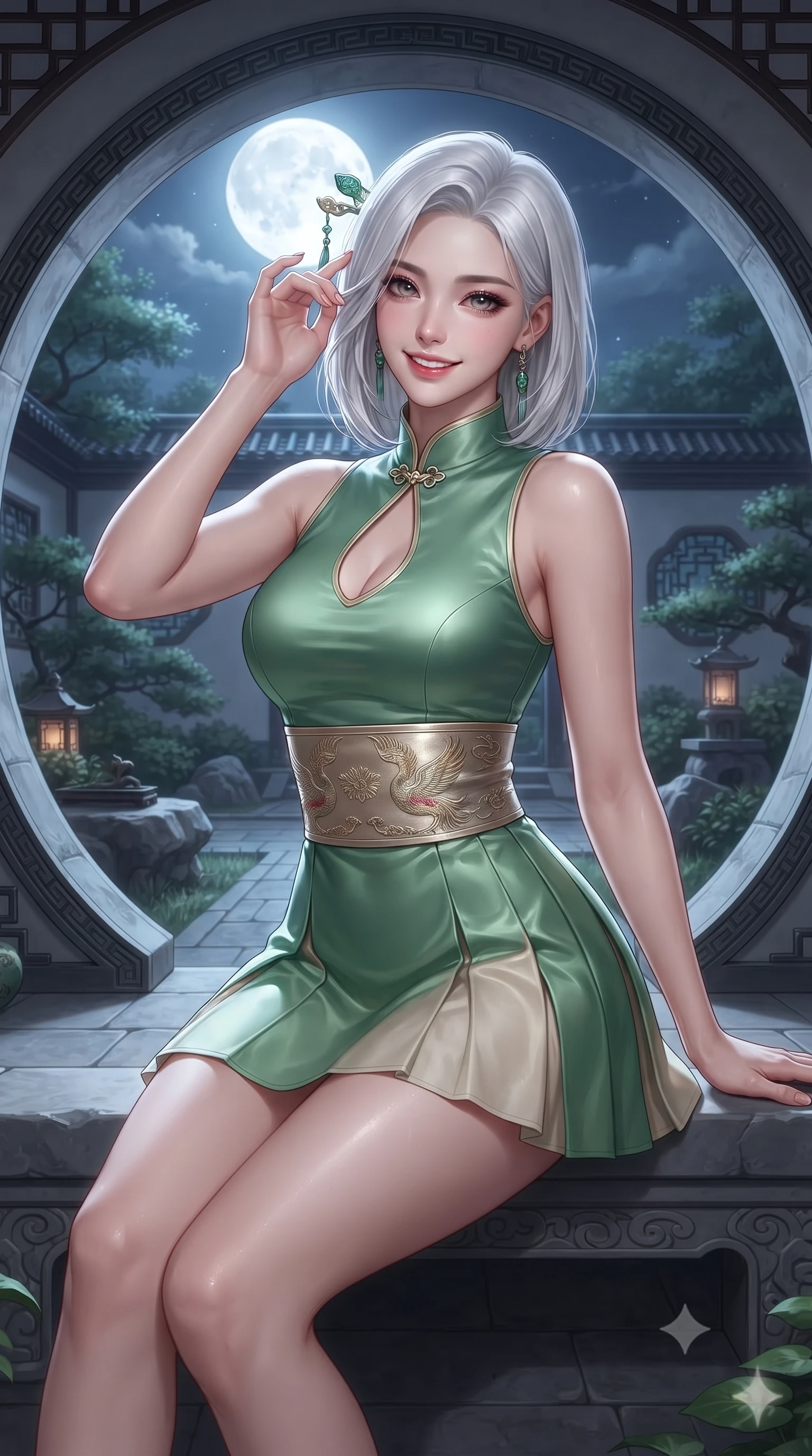 score_9, masterpiece, best quality, ultra-detailed, high-budget anime keyframe, editorial fashion photography, tasteful artistic composition, Korean woman. close-up cowboy shot from the waist and thighs up, the character dominates the composition, filling the frame with her large presence. tilting her head with an alluring smile while arching her spine with dancer poise, one hand touching her ornate jade hairpin in a flirtatious S-curve while sitting gracefully in the center of a large circular moon-gate stone opening, arching her lower back in an iconic silhouette against the garden. The surrounding environment is rendered in vivid detail and crisp panoramic clarity: detailed raw silk fabric sheen, moonlight specular highlights on skin, and classical Zen temple architecture in razor-sharp precision. She has an exceptionally elegant, slender, and willowy female figure with an ultra-slim waist, flat toned midriff, narrow ribcage, and sculpted feminine hips creating an alluring, slim hourglass silhouette without bulk. sharp v-shaped jawline, high-bridge nose, intricate jewel-like dark sparkling almond eyes with depth, thick lashes, glossy parted lips with a natural rose-plum sheen, bright alluring and coquettish smile with bedroom-eyes, exuding both timeless oriental elegance and sovereign high-fashion allure, flawlessly proportioned anatomical accuracy, strict slender model proportions, natural body alignment, perfectly sculpted long slender limbs, ultra-slim waistline, clean dynamic posture without body distortion. wearing a sleeveless modern qipao top with an elegant teardrop chest keyhole cutout paired with a curve-hugging pleated mini skirt in fresh bamboo emerald and soft oatmeal cream, crafted from heavy fluid silk satin with a liquid mirror-like sheen, finished with a wide metallic obi sash with intricate embroidered phoenix motifs, the form-contouring cut accentuating her sculpted flat midriff, narrow delicate ribcage, and gracefully curvy hips with regal oriental supermodel elegance. bathed in pristine silver moonlight pouring through the circular moon-gate aperture. ultra-reflective glossy finish, specular highlights, rich textural contrasts, high-contrast stereoscopic depth, volumetric dynamic lighting, 2k, ultra detail, master piece, 9:16 ratio