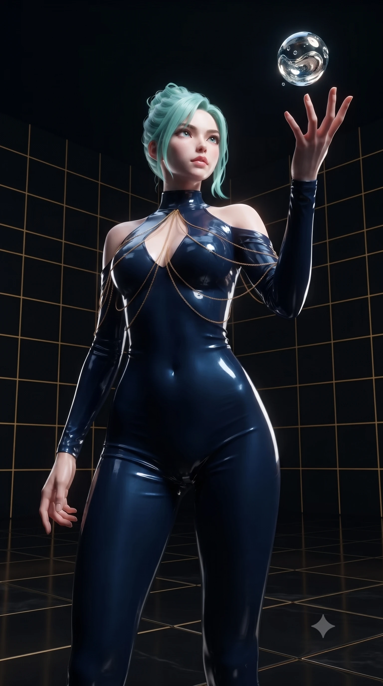 score_9, masterpiece, best quality, ultra-detailed, High-budget Anime Keyframe, editorial fashion photography, tasteful artistic composition, realistic cosplay photography, East Asian woman. Low angle cowboy shot filling the entire 9:16 frame with her statuesque presence. Scenario 316: reaching out to catch a floating sphere of liquid light in a digital arena where gold gridlines project onto the black walls. Her presence is magnetic and overpowering in this high-budget cinematic scene. Outfit 316: a body-hugging patent leather second with a low-cut shoulder and fine gold chains. The clothing is designed to emphasize her exceptionally tall and slender 8-heads proportion. 8-heads proportion, towering silhouette, ultra-slim waist. sharp v-shaped jawline, intricate jewel-like eyes with depth, thick eyelashes, glossy lips. ultra-reflective glossy finish, specular highlights, metallic sheen, high-contrast stereoscopic depth, volumetric dynamic lighting, 2k, ultra detail, master piece, 9:16 ratio