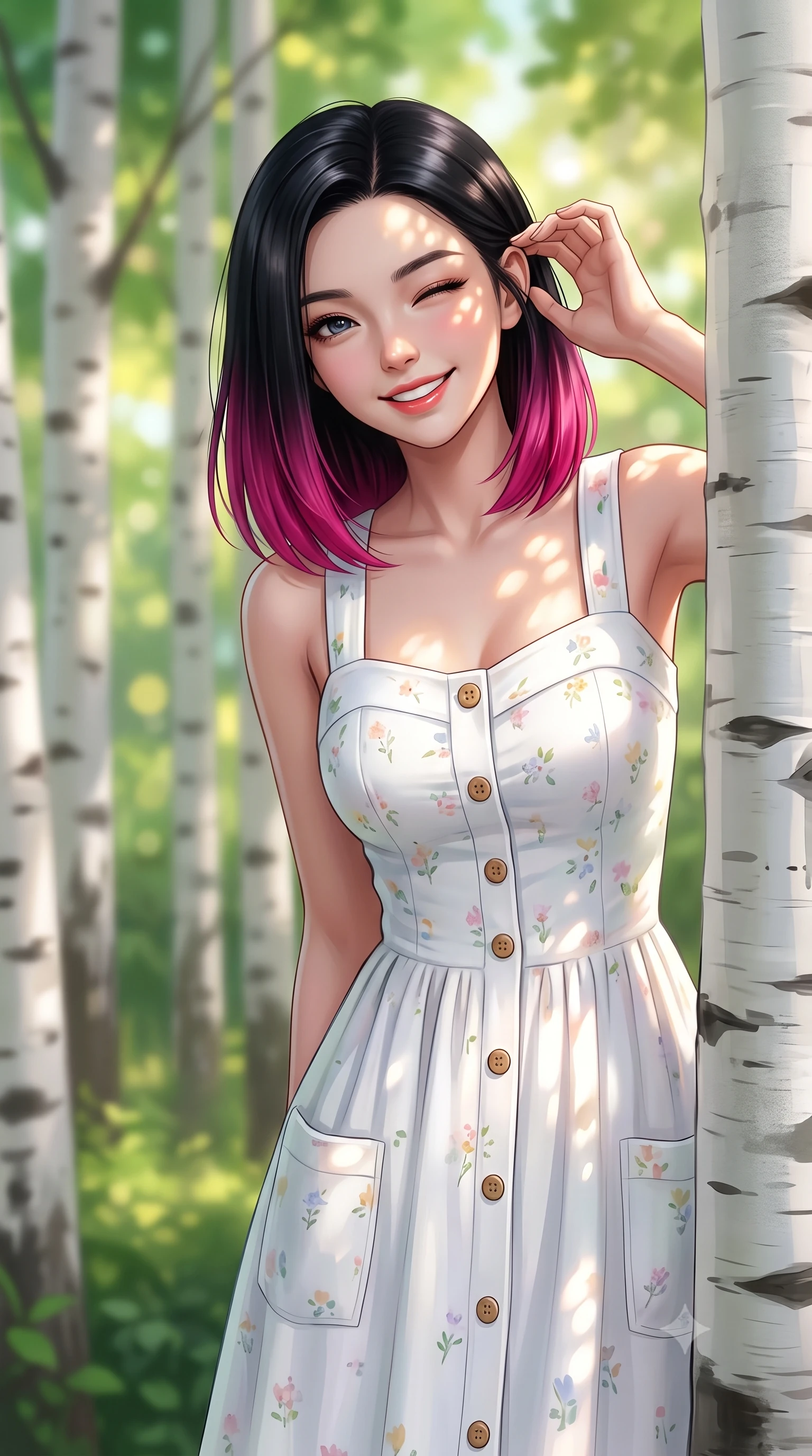 score_9, masterpiece, best quality, ultra-detailed, high-budget anime keyframe, semi-realistic 3D game render, editorial fashion photography, tasteful artistic composition, Korean woman. close-up cowboy shot from the waist and thighs up, the character dominates the composition, filling the frame with her large presence. tilting her head with a cute, youthful grin while brushing a stray strand of hair behind her ear with slender fingers while peeking playfully from behind a smooth white birch tree trunk with a charming wink and infectious bright smile. The composition keeps background elements in soft focus with creamy bokeh. slender white birch tree trunks and sunlit green forest canopies blurred into dreamy emerald and golden bokeh. She has an exceptionally elegant, slender, and willowy female figure with an ultra-slim waist, a gracefully sculpted slender torso, toned flat midriff, and a refined slim silhouette. sharp v-shaped jawline, high-bridge nose, intricate jewel-like eyes with depth, thick eyelashes, glossy lips with a natural sheen, pure and lovely fresh girlhood expression, flawlessly proportioned anatomical accuracy, strict slender model proportions, natural body alignment, perfectly sculpted long slender limbs, ultra-slim waistline, clean dynamic posture without body distortion. wearing a vintage-inspired button-front cotton sundress with wide shoulder straps and side pockets in fresh alpine white with subtle pastel floral accents, knitted from ultra-soft cozy baby-cashmere yarn, finished with neat natural wooden buttons and patch pocket details, the soft airy drape swaying gracefully with her dynamic movements, emphasizing her tall willowy build and slim waistline. illuminated by soft natural dappled forest light creating playful sun patterns across her face and dress. highly saturated vibrant anime colors, detailed shading with soft gradients, rich glossy textures, high-contrast stereoscopic depth, volumetric dynamic lighting, master piece, 9:16 ratio