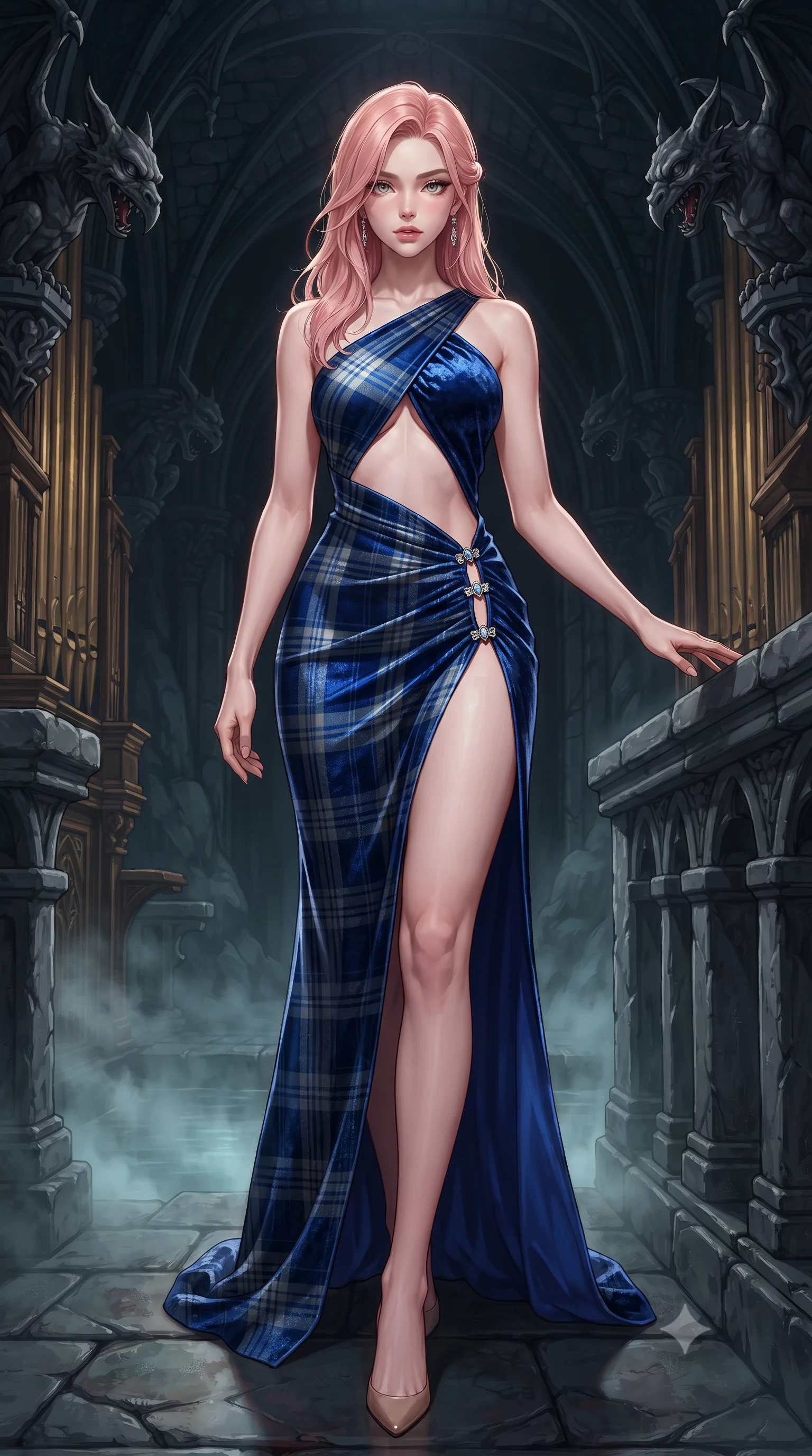 score_9, masterpiece, best quality, ultra-detailed, high-budget anime keyframe, editorial fashion photography, tasteful artistic composition, Japanese woman. low angle full-body shot from head to toe showing her feet, filling the entire 9:16 vertical frame with her statuesque presence, stretching her vertical silhouette. striding forward in a proud supermodel runway stride, hips swaying in an alluring kinetic rhythm that accentuates her curvy hourglass silhouette while resting one hand on the cold stone balustrade above the mist-veiled subterranean pool, lower back arched to emphasize her sculpted feminine hips. The surrounding environment is rendered in vivid detail and crisp panoramic clarity. sharp carved gothic gargoyle textures, gilded organ pipe polish, and wet cavern flagstones in deep focus. She has an exceptionally tall and slender model-like 8.5-heads proportion, an ultra-slim waist, a flat toned midriff, narrow delicate ribcage, and beautifully sculpted feminine hips creating a graceful, slim hourglass silhouette without any bulky heaviness, with impossibly long slender legs. sharp v-shaped jawline, high-bridge nose, intricate jewel-like eyes with depth, thick eyelashes, glossy parted lips with a natural sheen, intensely captivating and seductive bedroom-eyes expression, flawlessly proportioned anatomical accuracy, strict slender model proportions, natural body alignment, perfectly sculpted long slender limbs, ultra-slim waistline, clean dynamic posture without body distortion. wearing a tailored tartan-wool and crushed-velvet corseted gala gown with an architectural open-waist cutout and high-cut thigh slit in royal sapphire blue and brushed platinum, tailored from ultra-smooth duchess satin with a pearlescent sheen, finished with an ultra-high side slit secured by miniature jeweled clasps, the liquid-tight tailored fabric clinging flawlessly to her narrow waist and rounded feminine hips, emphasizing every millimeter of her sculpted slim hourglass curves without any bulky heaviness. illuminated by rich specular rim lights defining her razor-sharp jawline, narrow waist, and curvy hips. ultra-reflective glossy finish, specular highlights, rich textural contrasts, high-contrast stereoscopic depth, volumetric dynamic lighting, 2k, ultra detail, master piece, 9:16 ratio