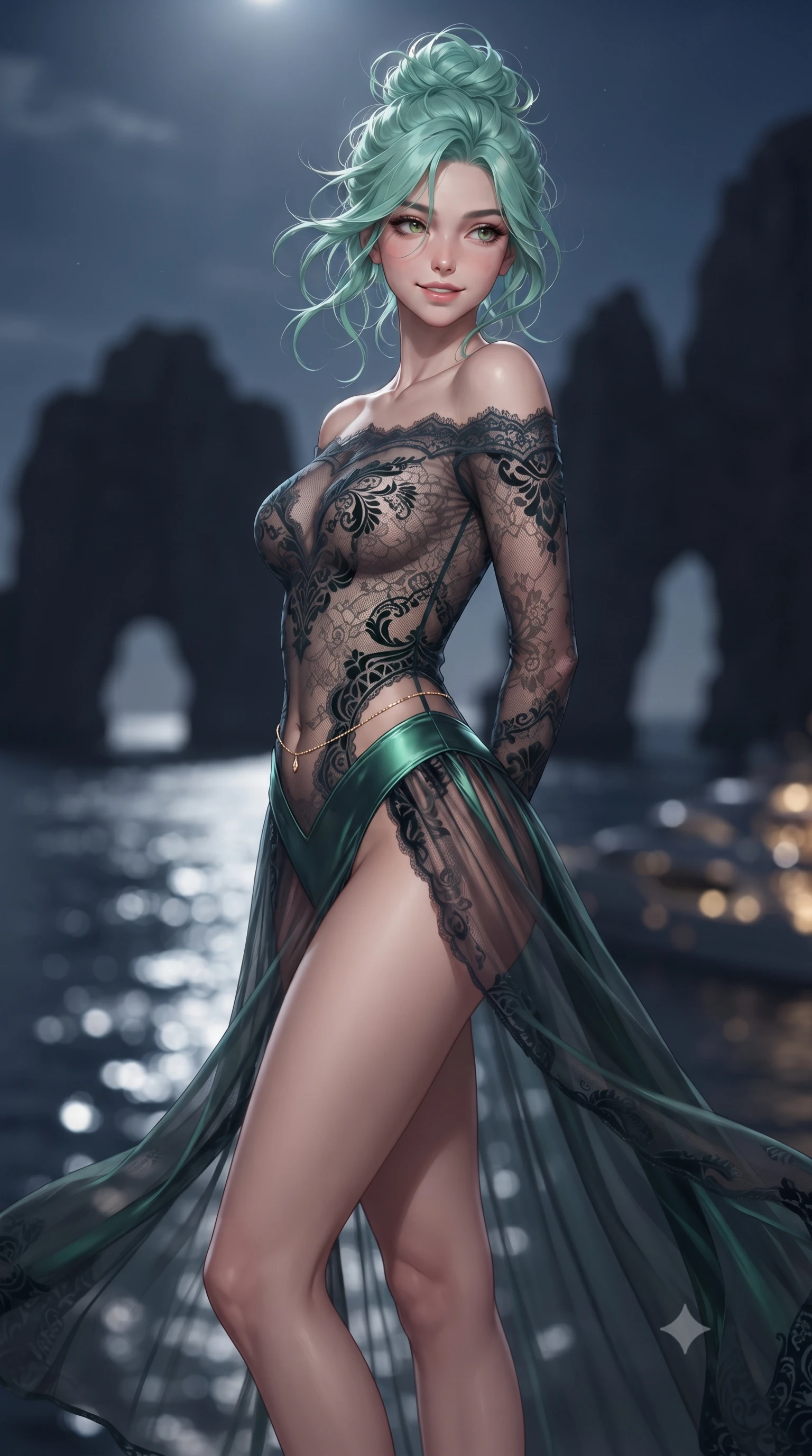 score_9, masterpiece, best quality, ultra-detailed, high-budget anime keyframe, editorial fashion photography, tasteful artistic composition, Japanese woman. low angle full-body shot from head to toe showing her feet, filling the entire 9:16 vertical frame with her statuesque presence, stretching her vertical silhouette. executing a slow, graceful pivot turn as her skirt sways around her slender legs, glancing back with an enchanting, teasing sensual expression while twisting her slender torso in an alluring contrapposto stance, coastal sea breezes molding her sheer gown to her long slender legs and curvy hips. The background shows a soft-focus the colossal silhouette of the Faraglioni limestone sea arches, shimmering moonlit sea, and luxury yacht deck lights blurred into silver, navy, and gold bokeh. She has an absolutely perfect, statuesque 8.5-heads proportion, an exceptionally tall and slender model-like female figure with impossibly long slender legs, an ultra-slim waist, a flat toned midriff, narrow delicate ribcage, and beautifully sculpted feminine hips creating a graceful, slim hourglass silhouette without any bulky heaviness. sharp v-shaped jawline, high-bridge nose, sparkling eyes with hypnotic seductive depth, thick curled eyelashes, glossy parted lips with a natural dewy peach sheen, alluring bedroom-eyes with an enchanting coquettish smile, exuding magnetic siren charisma and sophisticated glamour, flawlessly proportioned anatomical accuracy, strict slender model proportions, natural body alignment, perfectly sculpted long slender limbs, ultra-slim waistline, clean dynamic posture without body distortion. wearing an off-the-shoulder sheer-illusion mesh bodysuit with strategic velvet flocking and high-cut leg openings in iridescent emerald satin and dark charcoal velvet, made of delicate semi-sheer French Chantilly lace with intricate eyelash edges, accented with a dainty gold belly chain resting across her flat midriff and curving hips, the liquid-tight tailored fabric clinging flawlessly to her narrow waist and rounded feminine hips, emphasizing every millimeter of her sculpted slim hourglass curves without any bulky heaviness. illuminated by open water specular bounce and sharp platinum rim lights sculpting her razor-sharp jawline, narrow waist, and curvy hips. ultra-reflective glossy finish, specular highlights, rich textural contrasts, high-contrast stereoscopic depth, volumetric dynamic lighting, 2k, ultra detail, master piece, 9:16 ratio