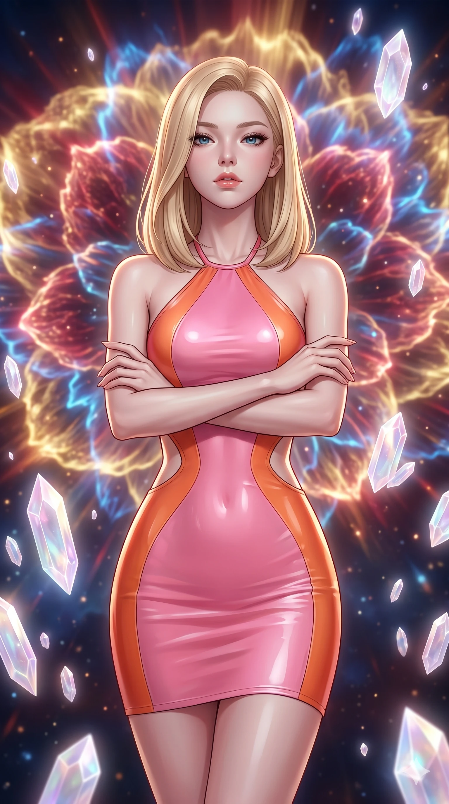 score_9, masterpiece, best quality, ultra-detailed, high-budget anime keyframe, editorial fashion photography, tasteful artistic composition, Korean woman. close-up cowboy shot from the waist and thighs up, the character dominates the composition, filling the frame with her large presence, background elements kept in soft focus. Crossing her arms with serene confidence and chin slightly raised. set against a soft-focus background of witnessing the controlled explosion of a dying star whose energy releases in breathtaking slow-motion petals of pure light each layer peeling away in expanding shells of gold crimson and electric blue. She has an exceptionally elegant and slender, willowy female figure with an ultra-slim waist, a gracefully sculpted slender torso, and a refined slim physique. sharp v-shaped jawline, high-bridge nose, intricate jewel-like eyes with depth, thick eyelashes, glossy lips with a natural sheen. wearing a latex-effect bodycon dress in a pink and orange color-block, featuring side torso cutouts and a halter neckline. ethereal pearlescent light emanating from floating crystalline formations all around. 2k, ultra detail, master piece, 9:16 ratio