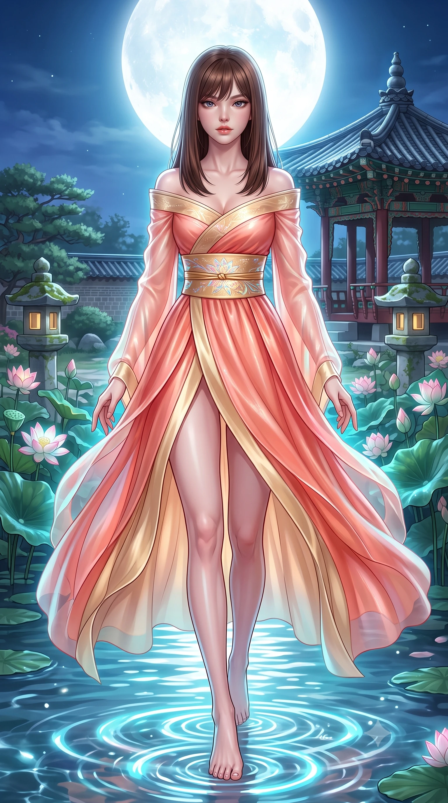 score_9, masterpiece, best quality, ultra-detailed, high-budget anime keyframe, semi-realistic 3D game render, editorial fashion photography, tasteful artistic composition, Korean woman. low angle full-body shot from head to toe showing her feet, filling the entire 9:16 vertical frame with her statuesque presence, stretching her vertical silhouette. striding forward in a proud, dynamic supermodel runway stride, her statuesque vertical silhouette commanding the entire frame while dipping her fingertips playfully into the crystal pond, sending luminescent ripple rings spreading through the water. The surrounding environment is rendered in vivid detail and crisp panoramic clarity. detailed pagoda tile ridges, moonlight reflection paths on water, and silk fabric embroidery in high resolution. She has an absolutely perfect, statuesque 8.5-heads proportion, an exceptionally tall and slender model-like female figure with impossibly long slender legs, a toned flat midriff, and an ultra-slim waist. sharp v-shaped jawline, high-bridge nose, intricate jewel-like eyes with depth, thick eyelashes, glossy lips with a natural sheen, captivating and magnetic expression, flawlessly proportioned anatomical accuracy, strict slender model proportions, natural body alignment, perfectly sculpted long slender limbs, ultra-slim waistline, clean dynamic posture without body distortion. wearing a celestial lotus-inspired layered chiffon gown with an exposed clavicle bodice in sunrise coral and champagne gold, crafted from traditional Korean gossamer silk organza with pearlescent luster, complemented by a wide metallic gold obi sash with holographic floral embroidery, the form-contouring material adhering flawlessly to her sculpted flat midriff and slender torso, emphasizing her long leg lines and perfectly proportioned willowy build. bathed in radiant silver-white full moon backlighting and soft cyan holographic lotus glow. highly saturated vibrant anime colors, detailed shading with soft gradients, rich glossy textures, high-contrast stereoscopic depth, volumetric dynamic lighting, master piece, 9:16 ratio