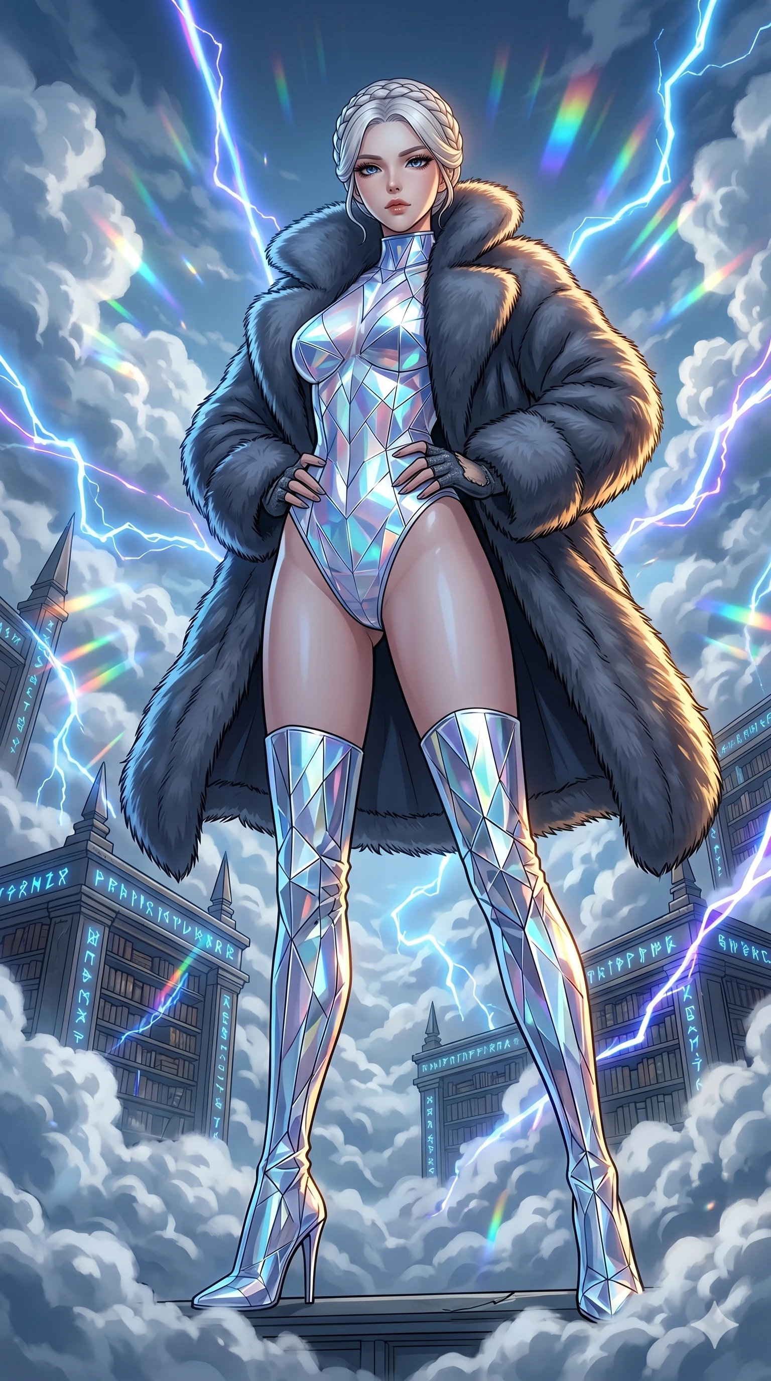 score_9, masterpiece, best quality, ultra-detailed, high-budget anime movie keyframe, cinematic anime lighting, intricate line art, Korean woman. Low angle cowboy shot filling the entire 9:16 frame with her statuesque presence. navigating a sea of clouds in a ancient runic library with lightning lasers. She has an absolutely perfect 8-heads proportion, an exceptionally tall and slender female figure with an ultra-slim waist and impossibly long slender legs. sharp v-shaped jawline, high-bridge nose, intricate jewel-like eyes, thick eyelashes, glossy lips. Wearing seasonal winter-couture featuring a plush oversized faux-fur coat worn over a skin-tight crystalline leotard and thigh-high stiletto boots. The scene is illuminated by dramatic atmospheric lighting and vibrant color palettes. , 2k, ultra detail, master piece, 9:16 ratio