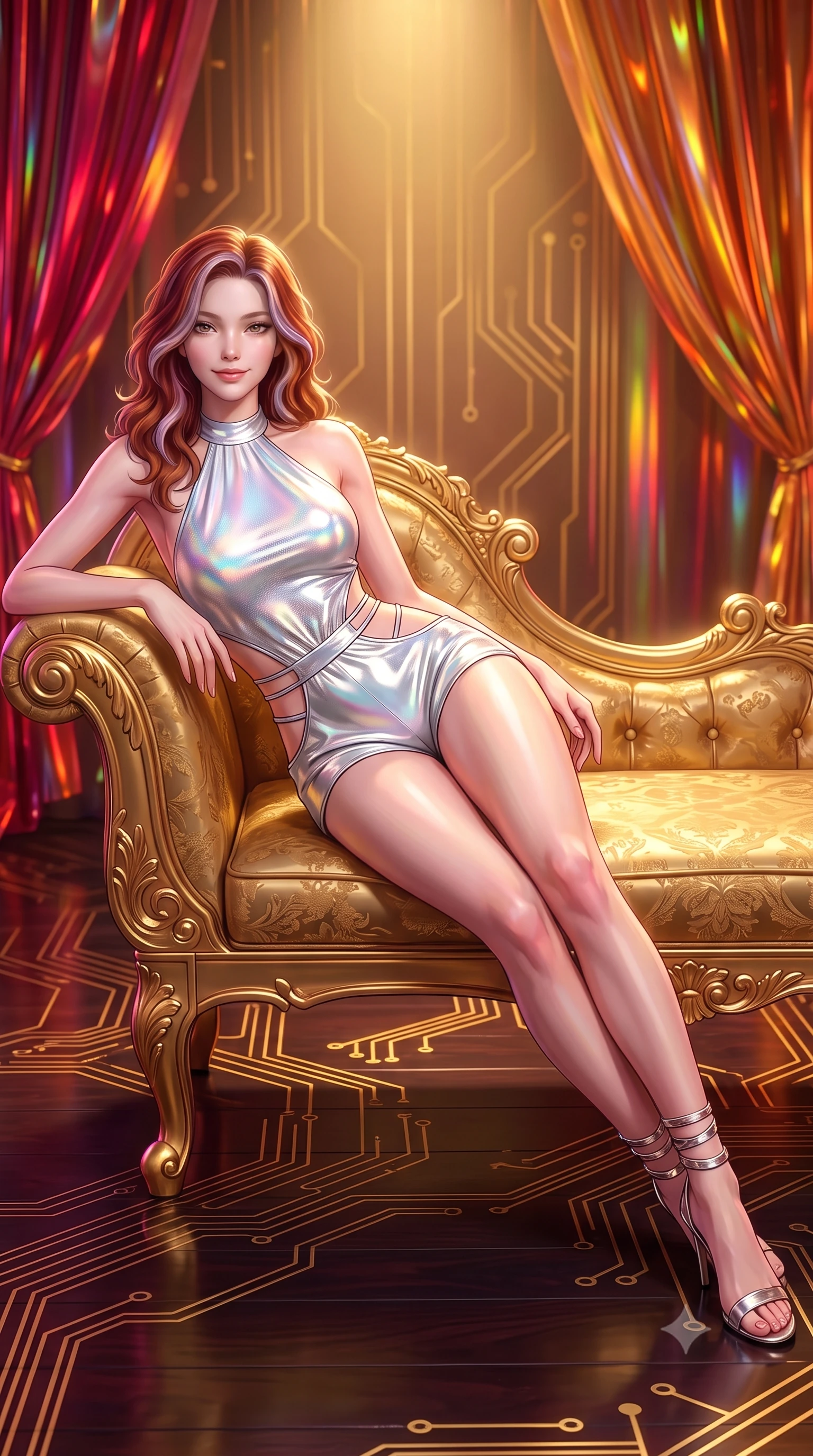 score_9, masterpiece, best quality, ultra-detailed, high-budget anime keyframe, semi-realistic 3D game render, editorial fashion photography, tasteful artistic composition, Caucasian woman. close-up cowboy shot from the waist and thighs up, the character dominates the composition, filling the frame with her large presence. leaning forward while arching her lower back to accentuate her curvy hips, looking into the camera with an intoxicating smoldering gaze and bedroom-eyes while lounging gracefully across the antique gilded chaise propped on one elbow with legs extended, displaying her long slender limbs and statuesque hourglass silhouette with regal anime flair. The surrounding environment is rendered in vivid detail and crisp panoramic clarity: sharp hand-carved gilded wood reliefs, pulsing gold micro-circuitry inlays, and polished stage parquet reflections in deep focus. She has an exceptionally elegant, slender, and willowy female figure with an ultra-slim waist, flat toned midriff, narrow ribcage, and sculpted feminine hips creating an alluring, slim hourglass silhouette without bulk. sharp v-shaped jawline, high-bridge nose, intricate jewel-like sparkling eyes with depth, thick eyelashes, glossy parted lips with a natural peach sheen, bright cheerful beaming smile with an enchanting and coquettish sensual glint, exuding both youthful cute charm and seductive allure, flawlessly proportioned anatomical accuracy, strict slender model proportions, natural body alignment, perfectly sculpted long slender limbs, ultra-slim waistline, clean dynamic posture without body distortion. wearing a daring low-cut halterneck romper with exposed midriff and strappy hip cutouts in iridescent mother-of-pearl and liquid molten silver, crafted from stretch micro-mesh with liquid foil coating that shimmers with every movement, complemented by strappy stiletto sandals with metallic ankle wraps accentuating her slender calves, the form-contouring silhouette accentuating her sculpted flat midriff, narrow delicate ribcage, and gracefully curvy hips with intoxicating allure. bathed in warm 2600K golden spotlight radiance combined with ruby and amber holographic curtain glow. highly saturated vibrant anime colors, detailed shading with soft gradients, rich glossy textures, high-contrast stereoscopic depth, volumetric dynamic lighting, master piece, 9:16 ratio