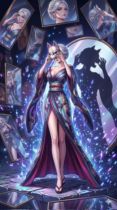 score_9, masterpiece, best quality, ultra-detailed, Set A: High-budget Anime Keyframe, Japanese woman. Low angle cowboy shot filling the entire 9:16 frame with her statuesque presence. Adjusting a mask through a dimension of floating mirrors, while h